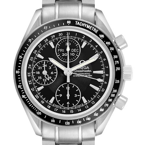The Omega Speedmaster 3220.50.00 Men's Stainless Steel Black Dial watch is shown from a front angle, displaying its dial, subdials, and tachymeter bezel clearly.