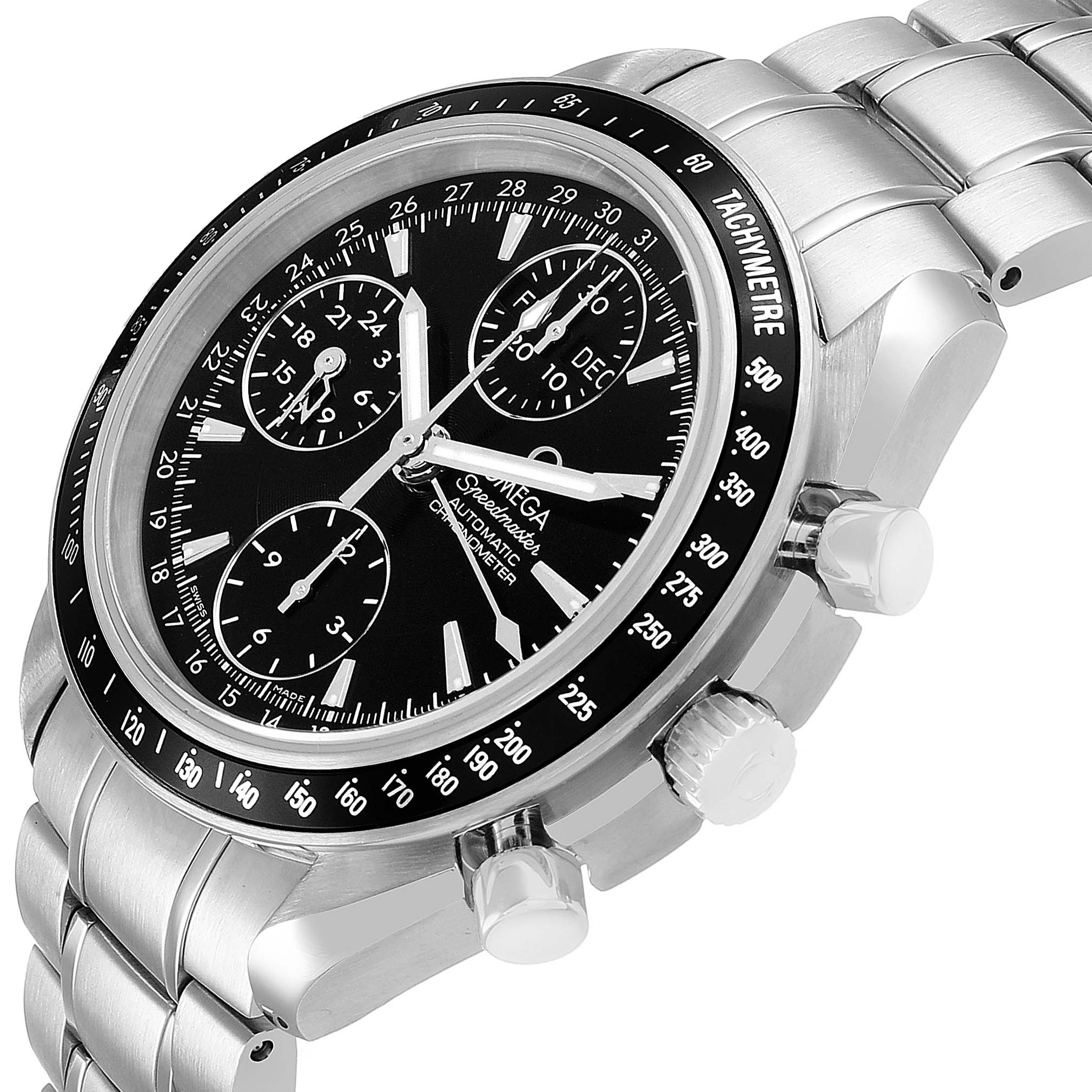 The Omega Speedmaster 3220.50.00 Men's Stainless Steel Black Dial watch is shown at a three-quarter angle highlighting the face, tachymeter bezel, and side pushers.