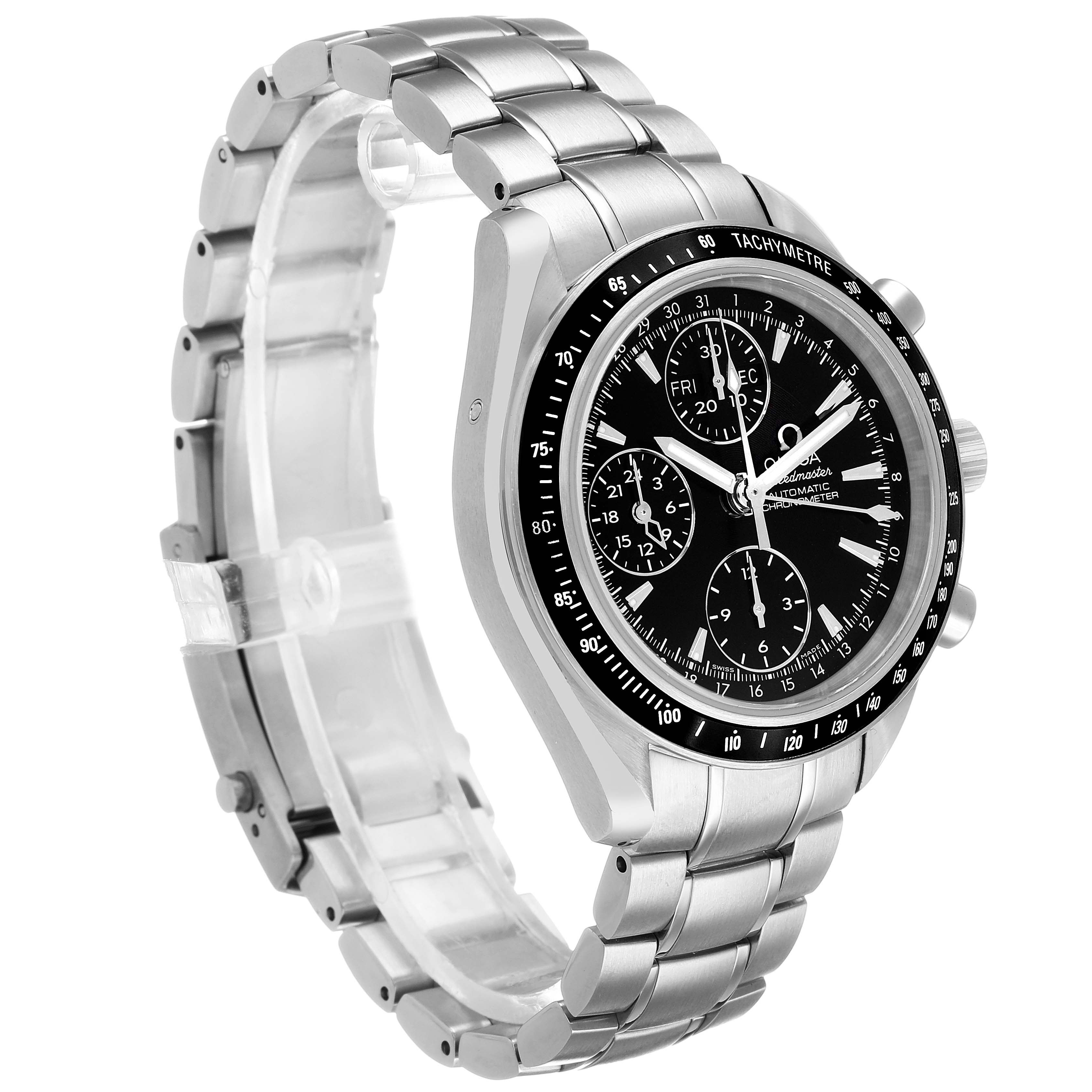 The Omega Speedmaster 3220.50.00 Men's Stainless Steel Black Dial watch is angled to show the face, bezel, and stainless steel bracelet clearly.