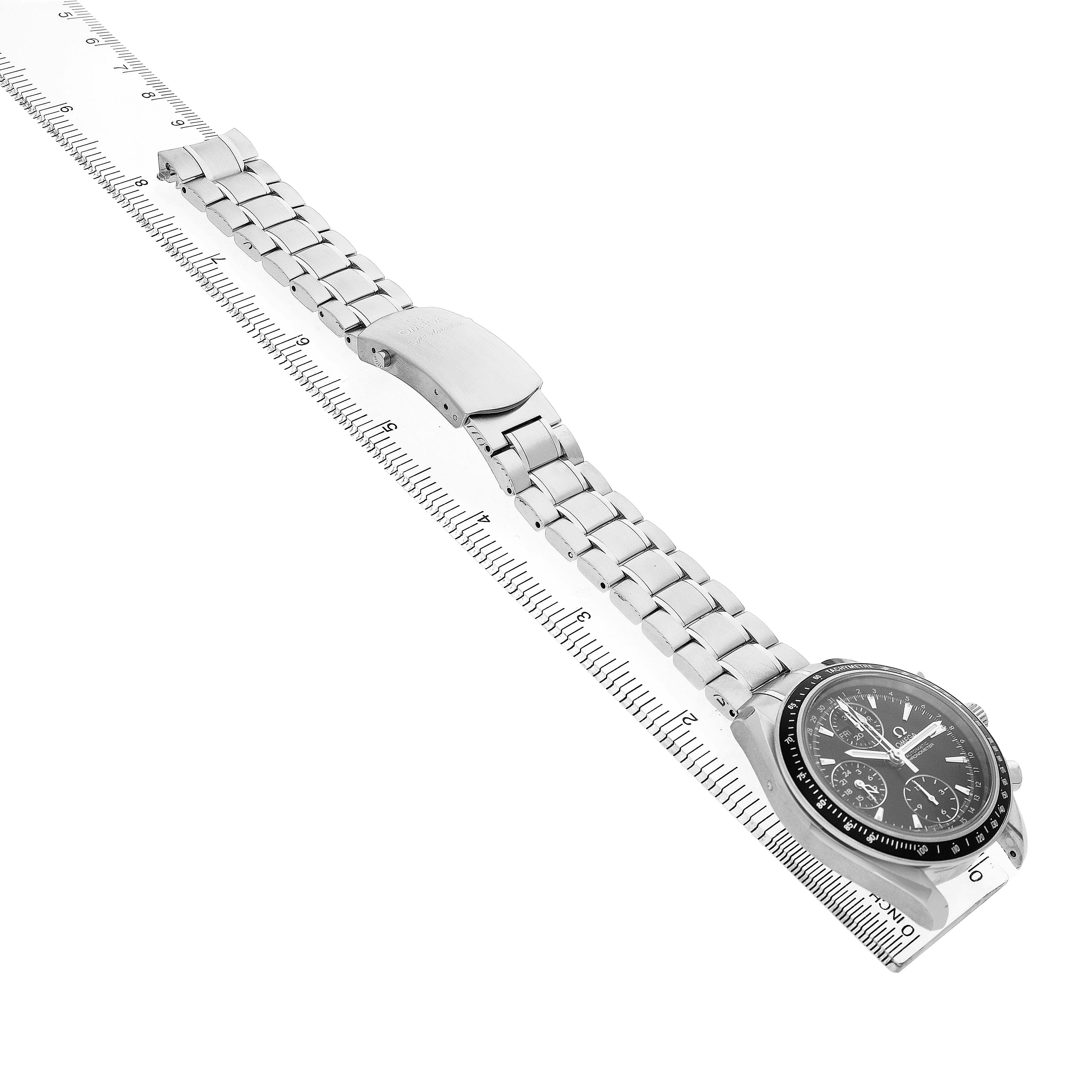 The Omega Speedmaster 3220.50.00 Men's Stainless Steel Black Dial is shown at an angled view, displaying the watch face, bezel, and metal bracelet with clasp.