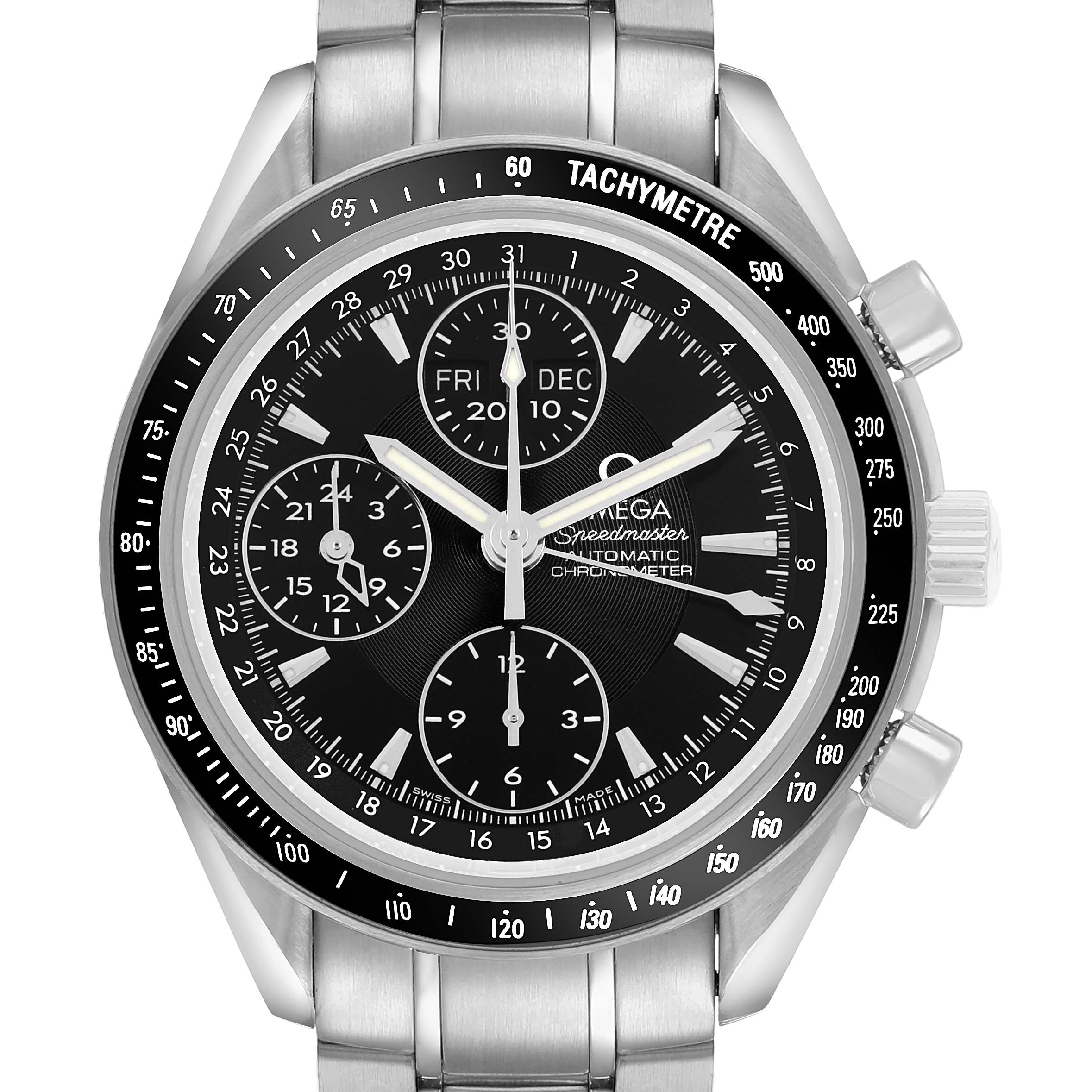The Omega Speedmaster 3220.50.00 Men's Stainless Steel Black Dial watch is shown from the front, displaying its face, bezel, and metal bracelet.