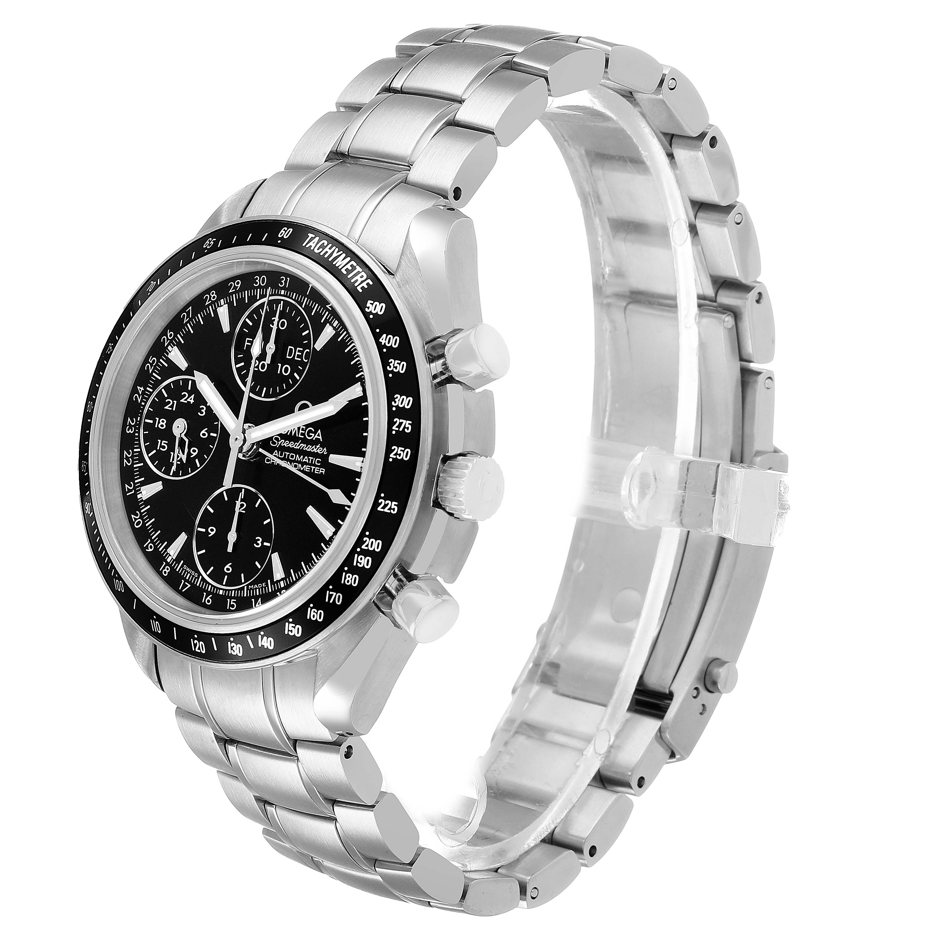 The Omega Speedmaster 3220.50.00 Men's Stainless Steel Black Dial watch is shown at a three-quarter angle highlighting the face, bezel, and bracelet.