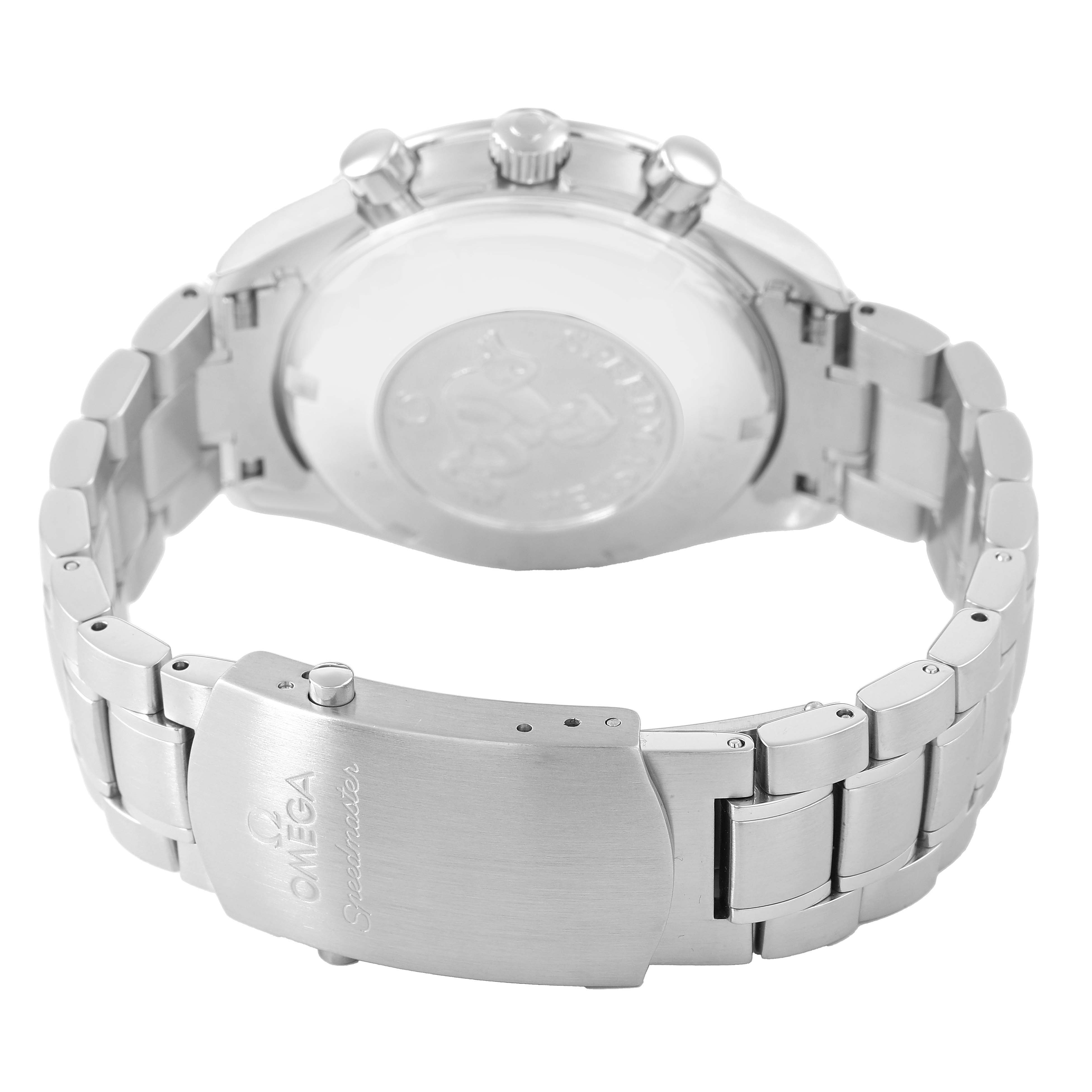 The image shows the back and bracelet clasp of an Omega Speedmaster 3220.50.00 Men's Stainless Steel Black Dial watch from a rear angle.