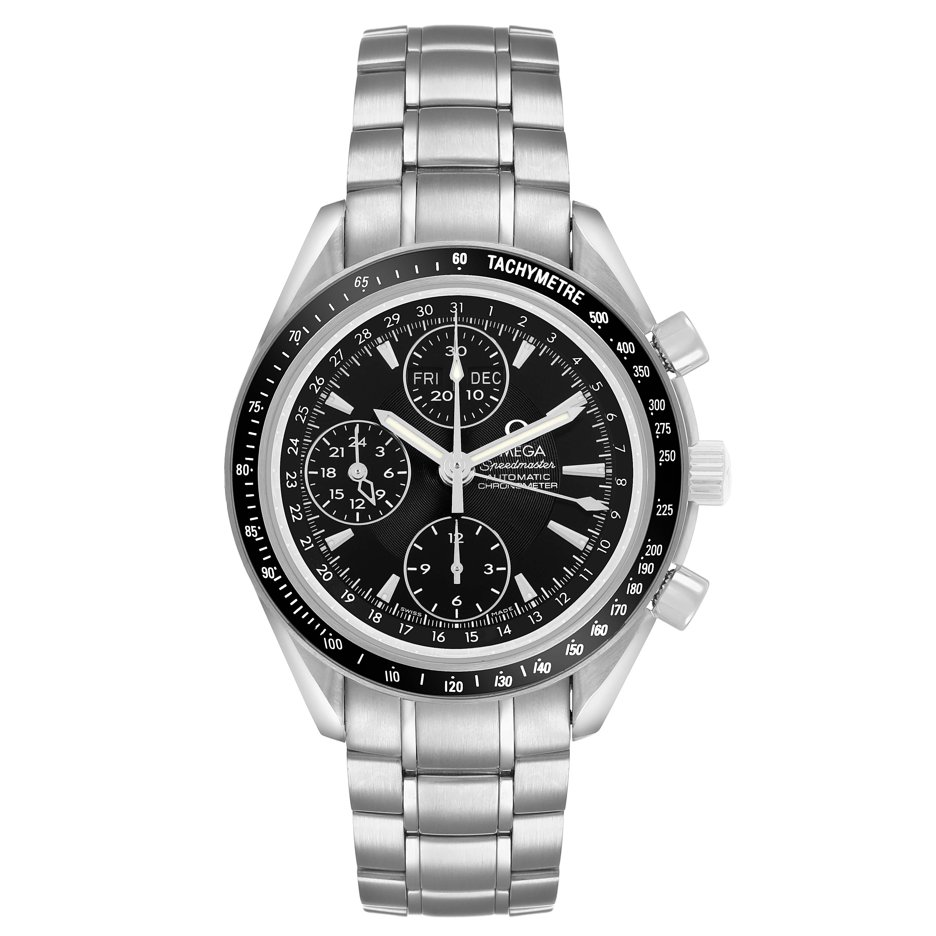 The Omega Speedmaster 3220.50.00 Men's Stainless Steel Black Dial watch is shown from the front, displaying its dial, bezel, pushers, and bracelet.
