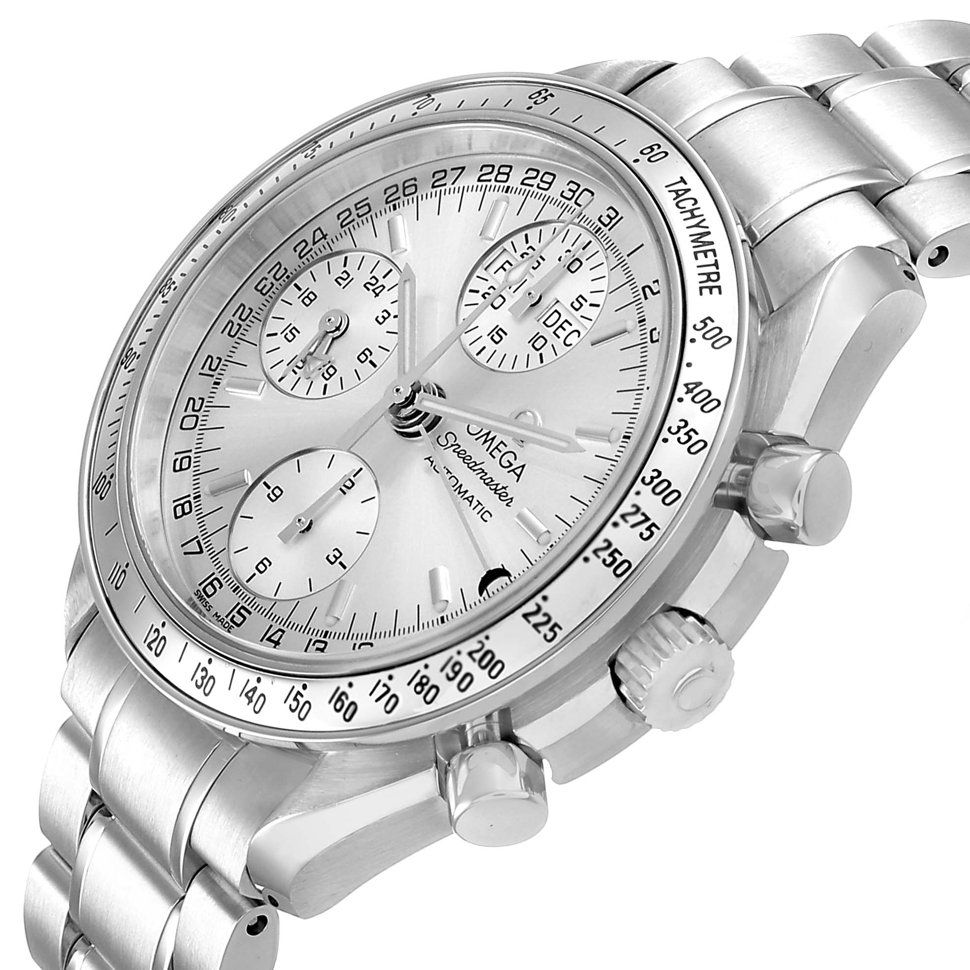 The image shows an angled view of an Omega Speedmaster 3523.30.00 Men's Stainless Steel Silver Dial, highlighting the face, subdials, tachymeter bezel, and stainless steel bracelet.