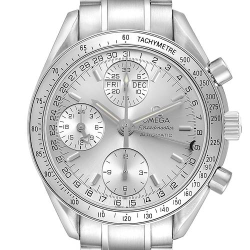 The Omega Speedmaster 3523.30.00 Men's Stainless Steel Silver Dial watch is shown from a front angle, displaying the dial, tachymetric bezel, subdials, and pushers.