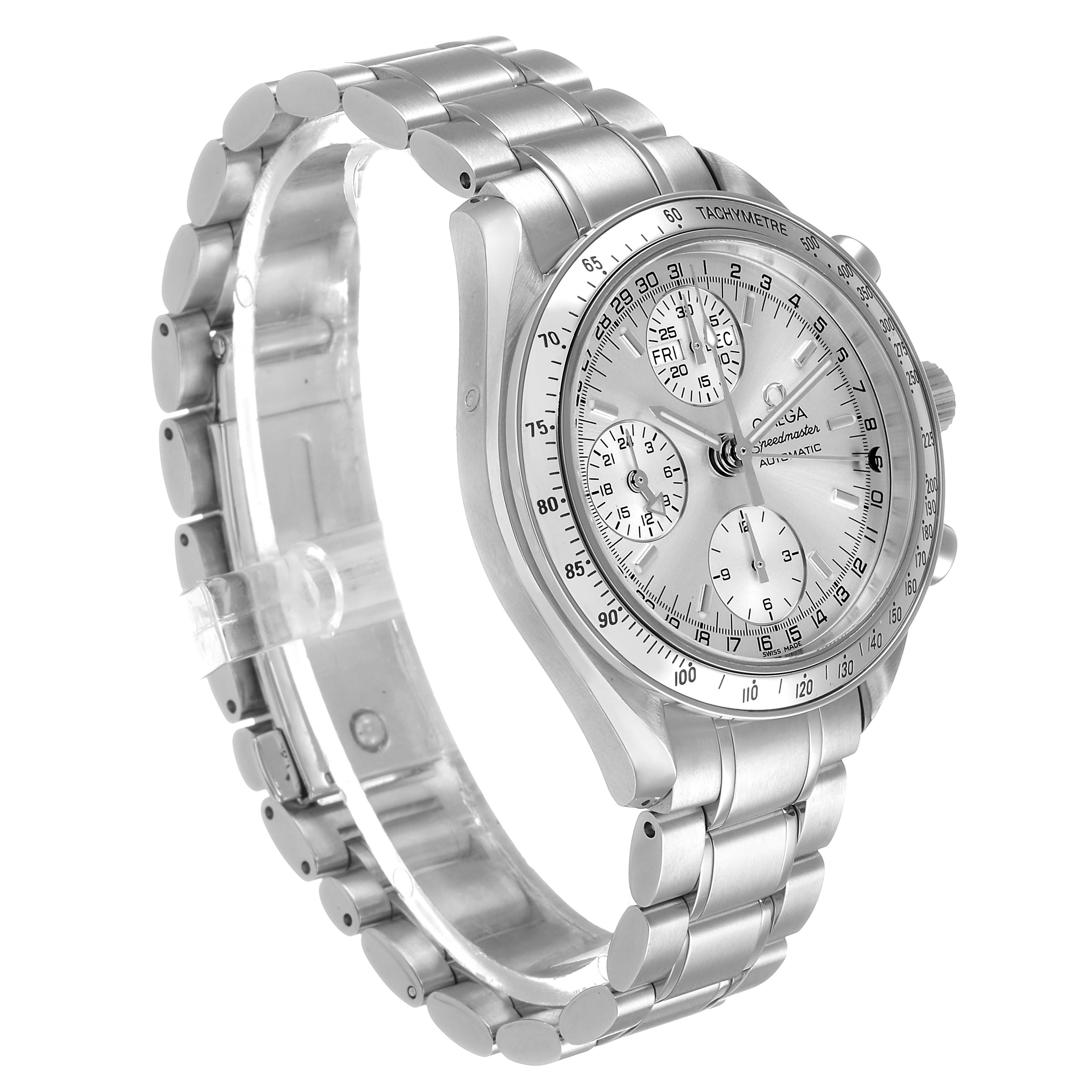 The Omega Speedmaster 3523.30.00 Men's Stainless Steel Silver Dial watch is shown at a three-quarter angle, displaying the dial, bracelet, and side pushers.