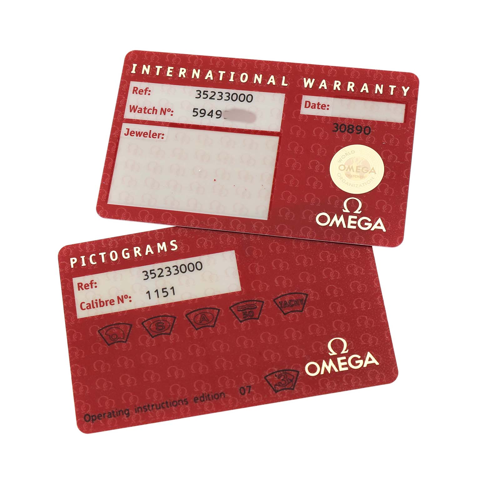 The image shows two red Omega Speedmaster 3523.30.00 Men's Stainless Steel Silver Dial international warranty and pictograms cards laid flat.
