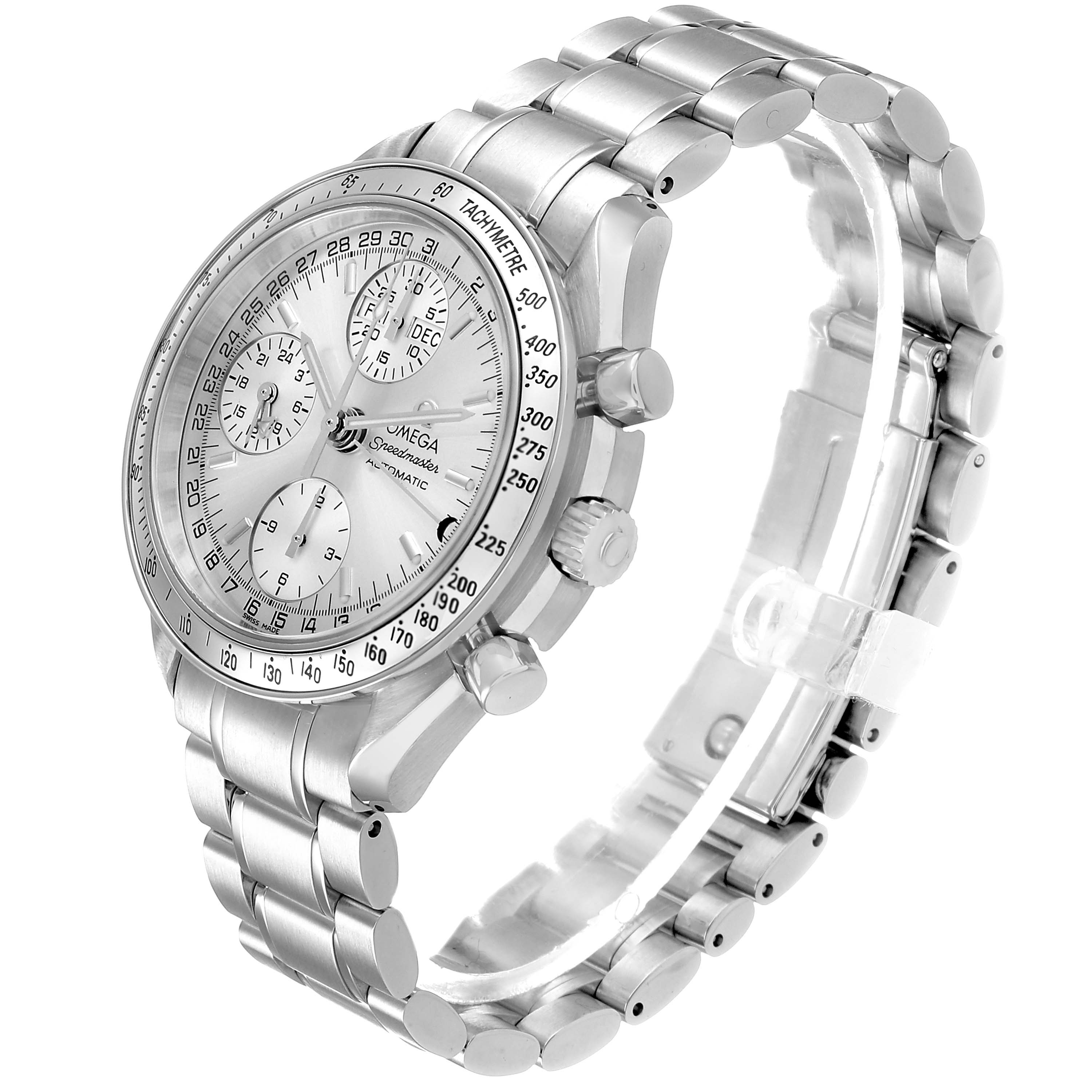 The Omega Speedmaster 3523.30.00 Men's Stainless Steel Silver Dial is shown at a three-quarter angle, revealing the dial, tachymeter bezel, subdials, and metal bracelet.