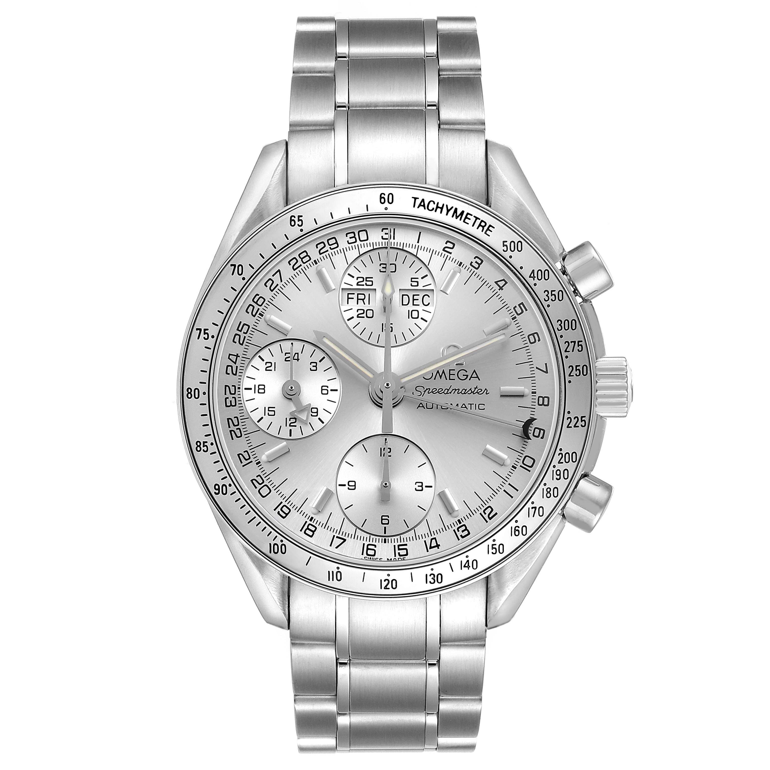 The Omega Speedmaster 3523.30.00 Men's Stainless Steel Silver Dial watch is shown from a front angle, displaying its dial, subdials, tachymeter bezel, and metal bracelet.