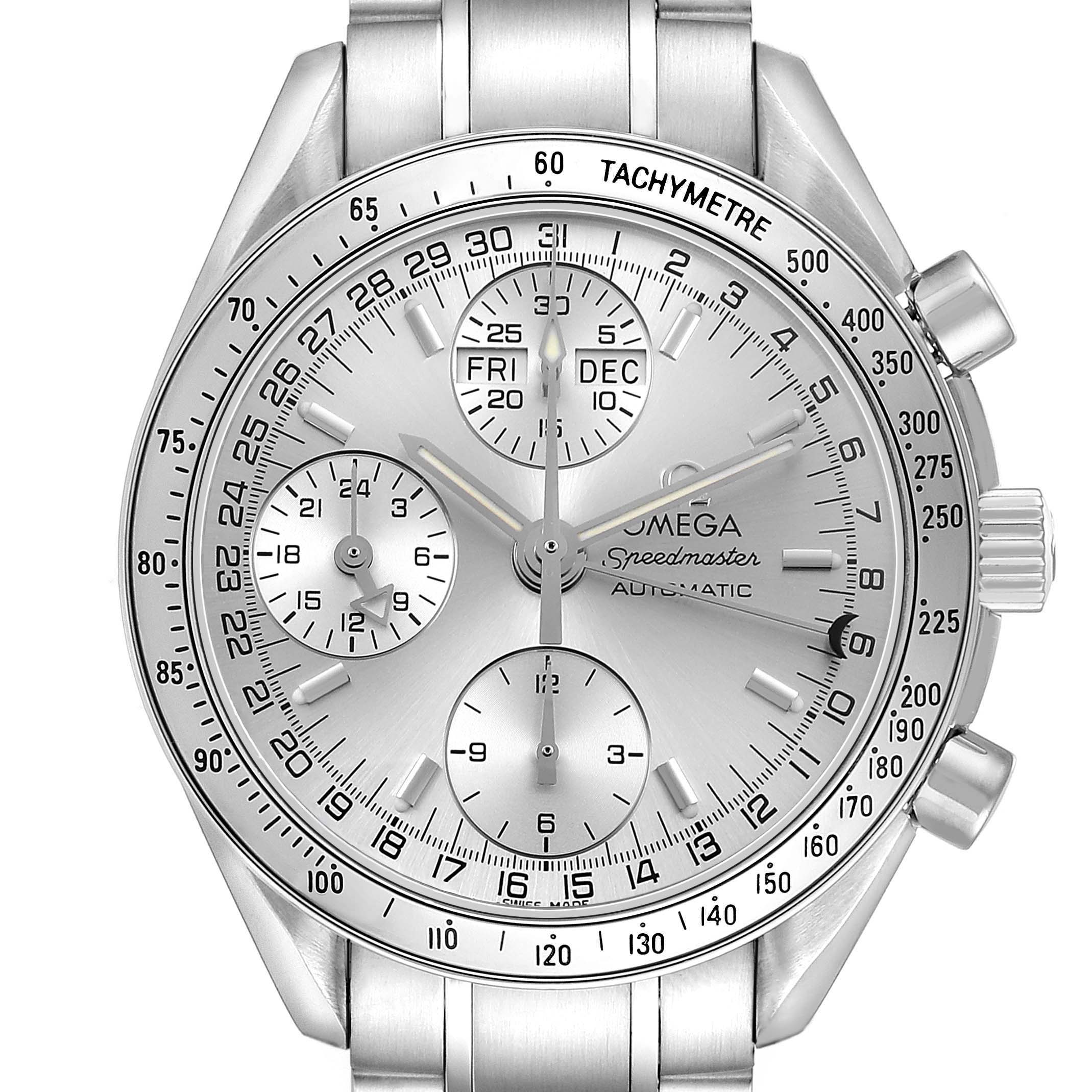 The image shows a front view of the Omega Speedmaster 3523.30.00 Men's Stainless Steel Silver Dial watch, highlighting its dial, tachymeter bezel, and chronograph subdials.