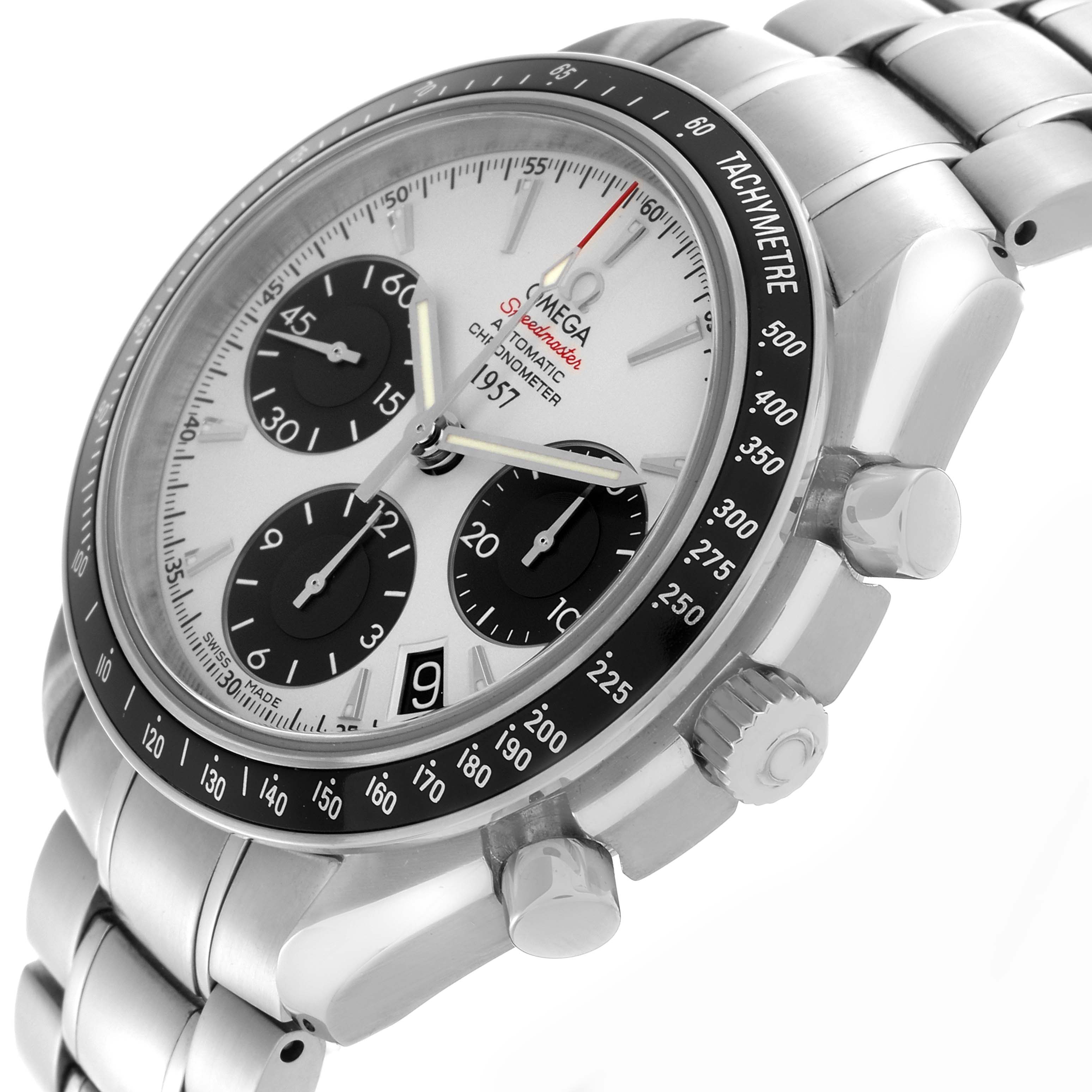 The Omega Speedmaster 323.30.40.40.02.001 Men
s Stainless Steel White Dial 323.30.40.40.02.001 Men
s Stainless Steel White Dial watch is shown at a slight angle, highlighting the dial, tachymeter bezel, pushers, and part of the bracelet.
