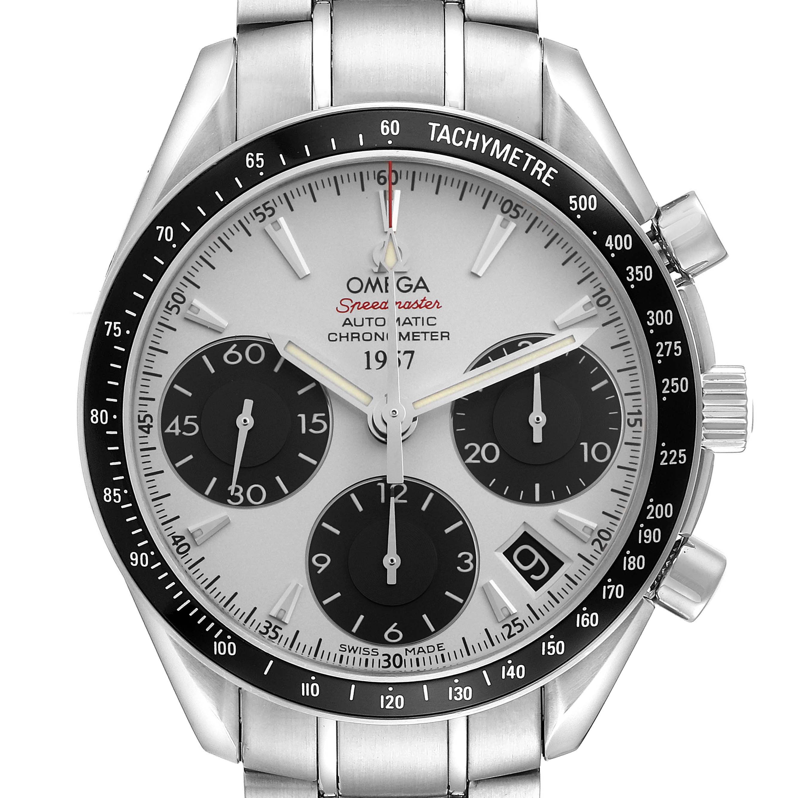 The Omega Speedmaster 323.30.40.40.02.001 Men
s Stainless Steel White Dial 323.30.40.40.02.001 Men
s Stainless Steel White Dial watch is shown from the front, highlighting the dial, subdials, tachymeter bezel, and metal bracelet.