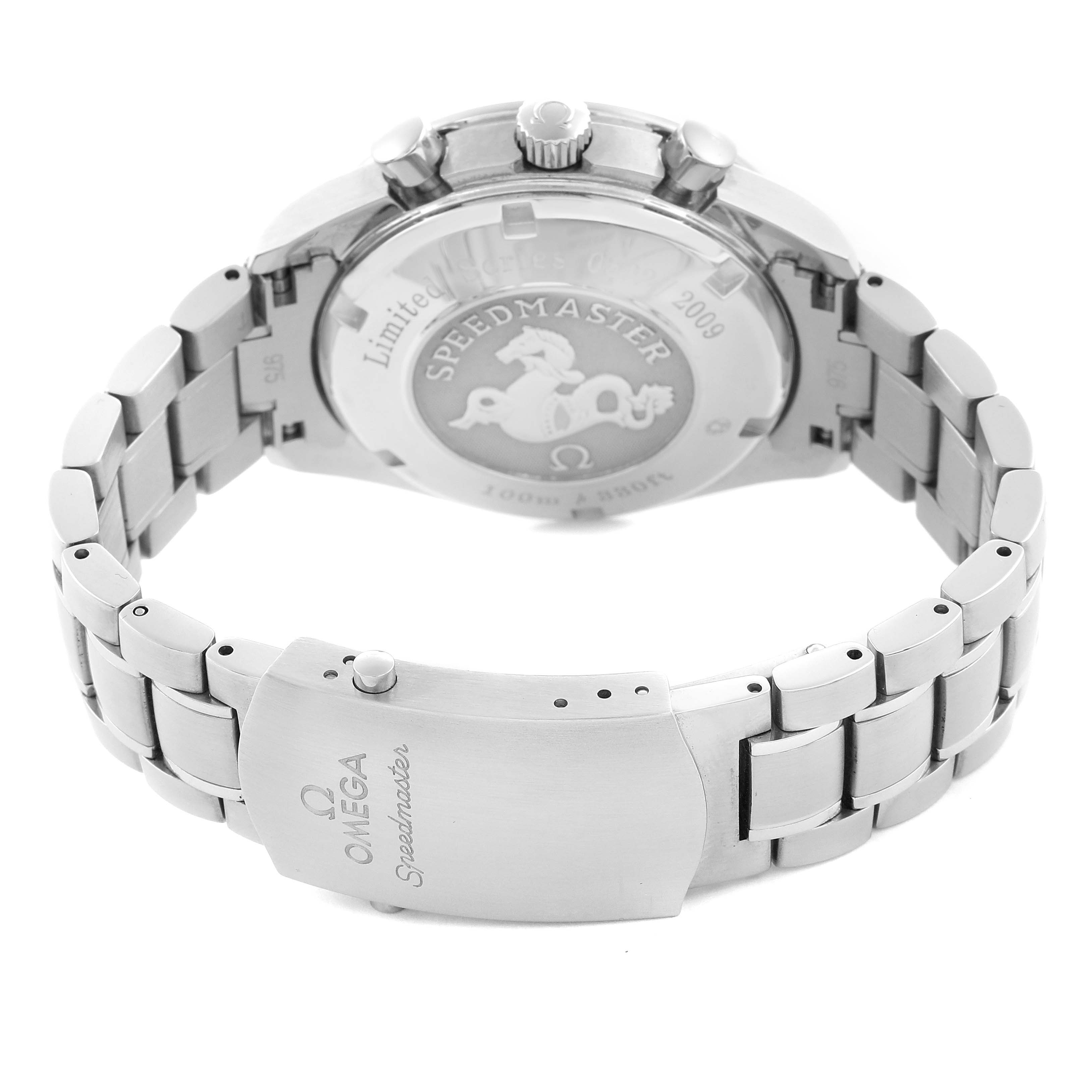 The Omega Speedmaster 323.30.40.40.02.001 Men
s Stainless Steel White Dial 323.30.40.40.02.001 Men
s Stainless Steel White Dial watch is shown from the back, highlighting the case back, clasp, and stainless steel bracelet.