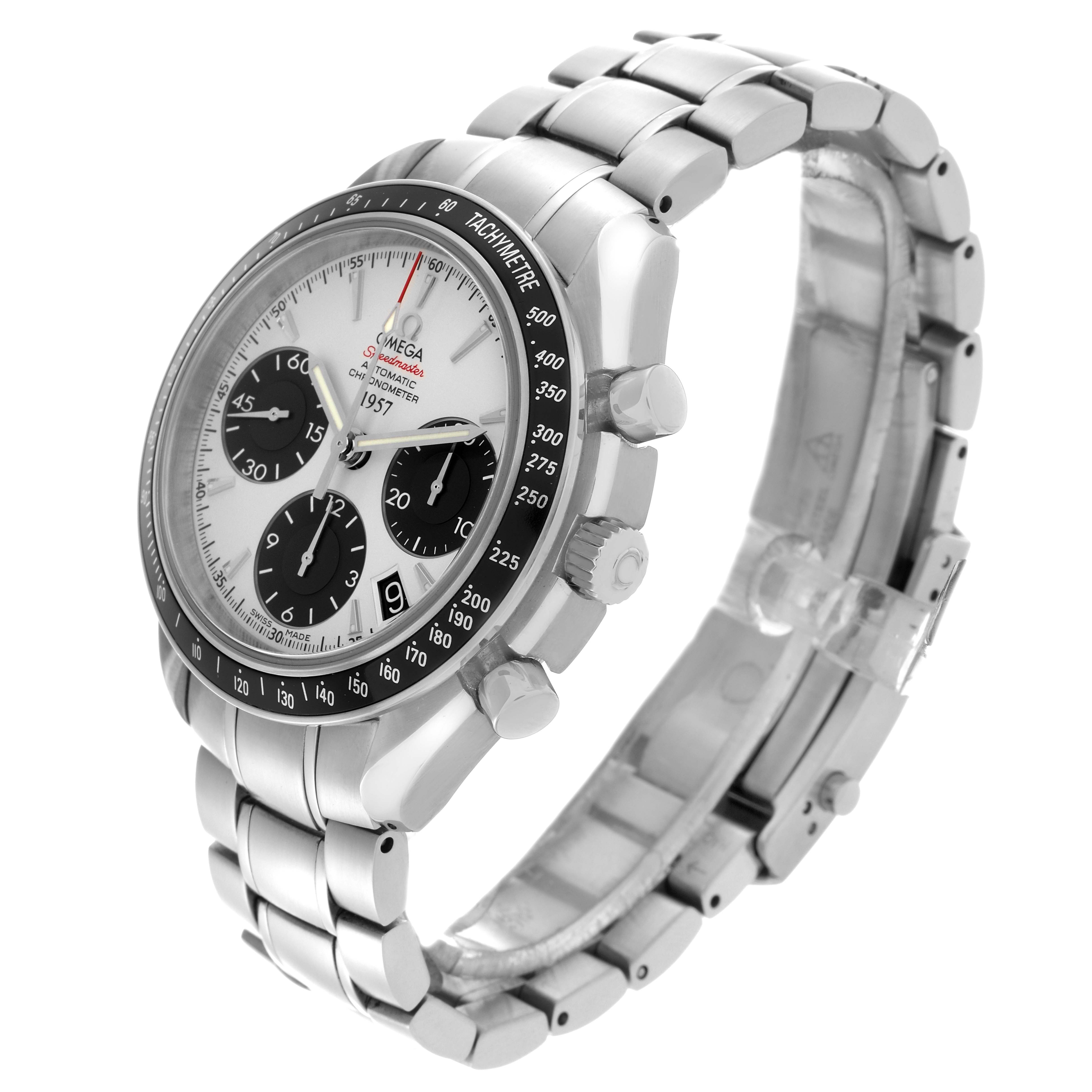 The Omega Speedmaster 323.30.40.40.02.001 Men
s Stainless Steel White Dial 323.30.40.40.02.001 Men
s Stainless Steel White Dial watch is shown at a three-quarter angle highlighting the dial, case, crown, pushers, and bracelet.