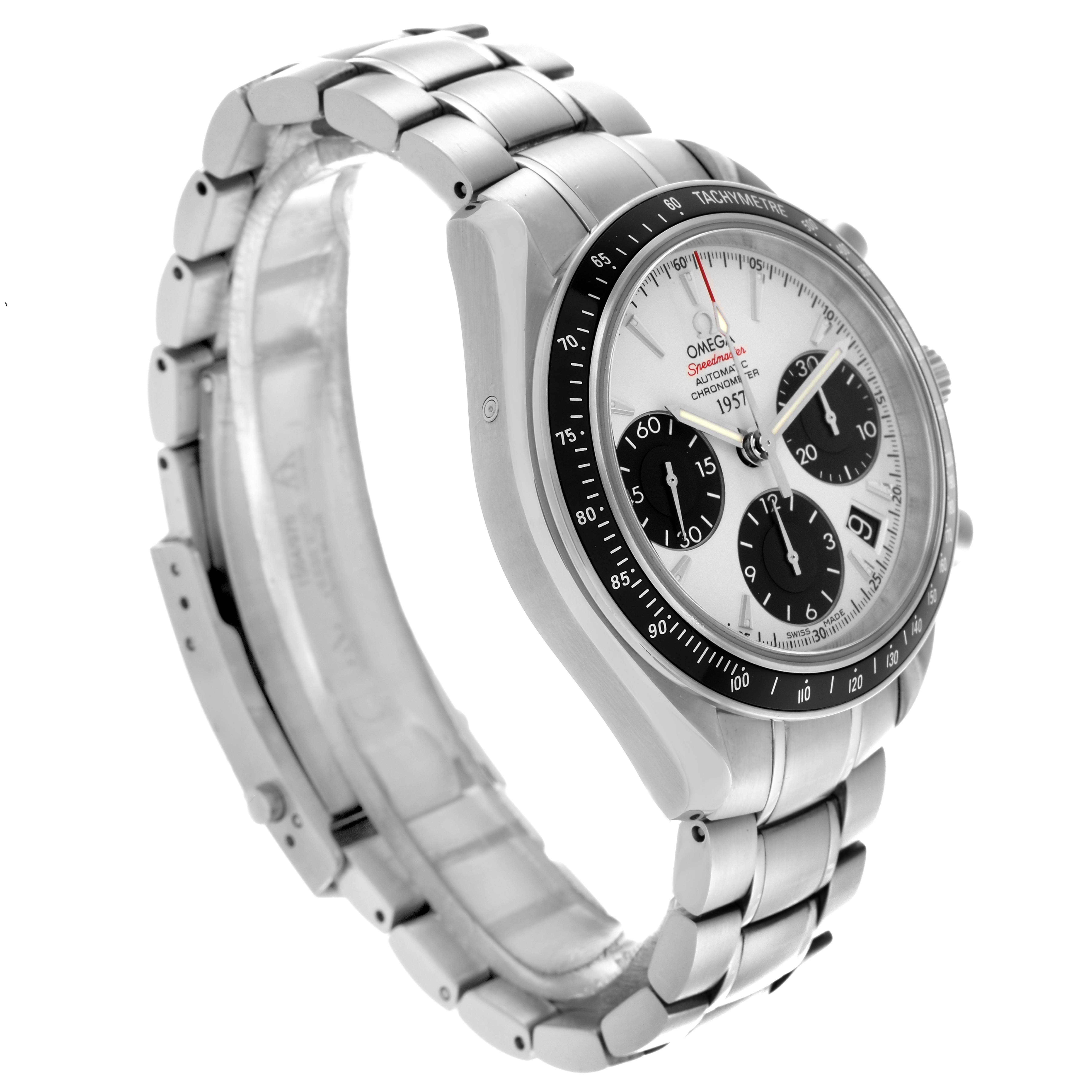 The Omega Speedmaster 323.30.40.40.02.001 Men
s Stainless Steel White Dial 323.30.40.40.02.001 Men
s Stainless Steel White Dial watch is shown at an angle revealing the dial, case, bracelet, and tachymeter bezel.