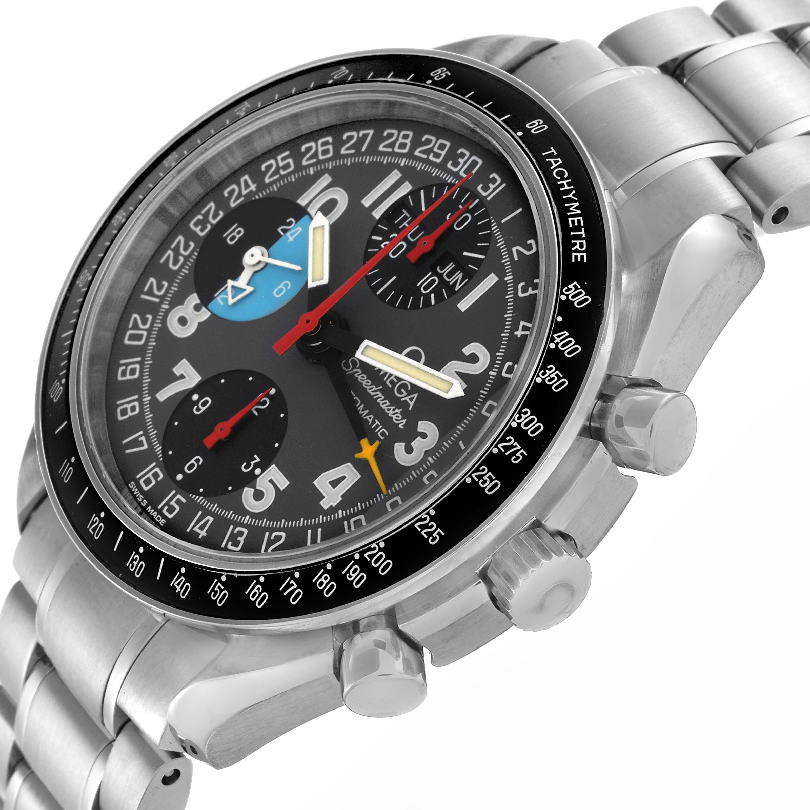 The Omega Speedmaster 3520.53.00 Men
s Stainless Steel Grey Dial 3520.53.00 Men
s Stainless Steel Grey Dial watch is shown from an angled side view, highlighting the face, bezel, crown, and pushers.