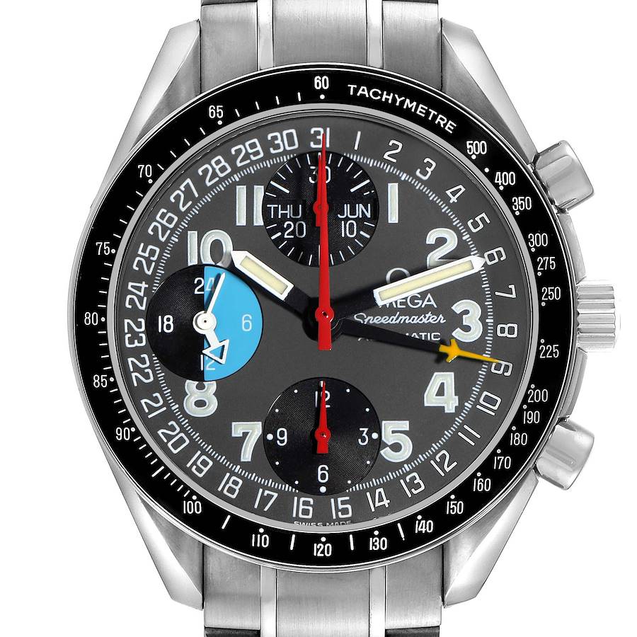 The Omega Speedmaster watch is shown from a front angle, displaying the dial, three subdials, tachymeter bezel, and crown.