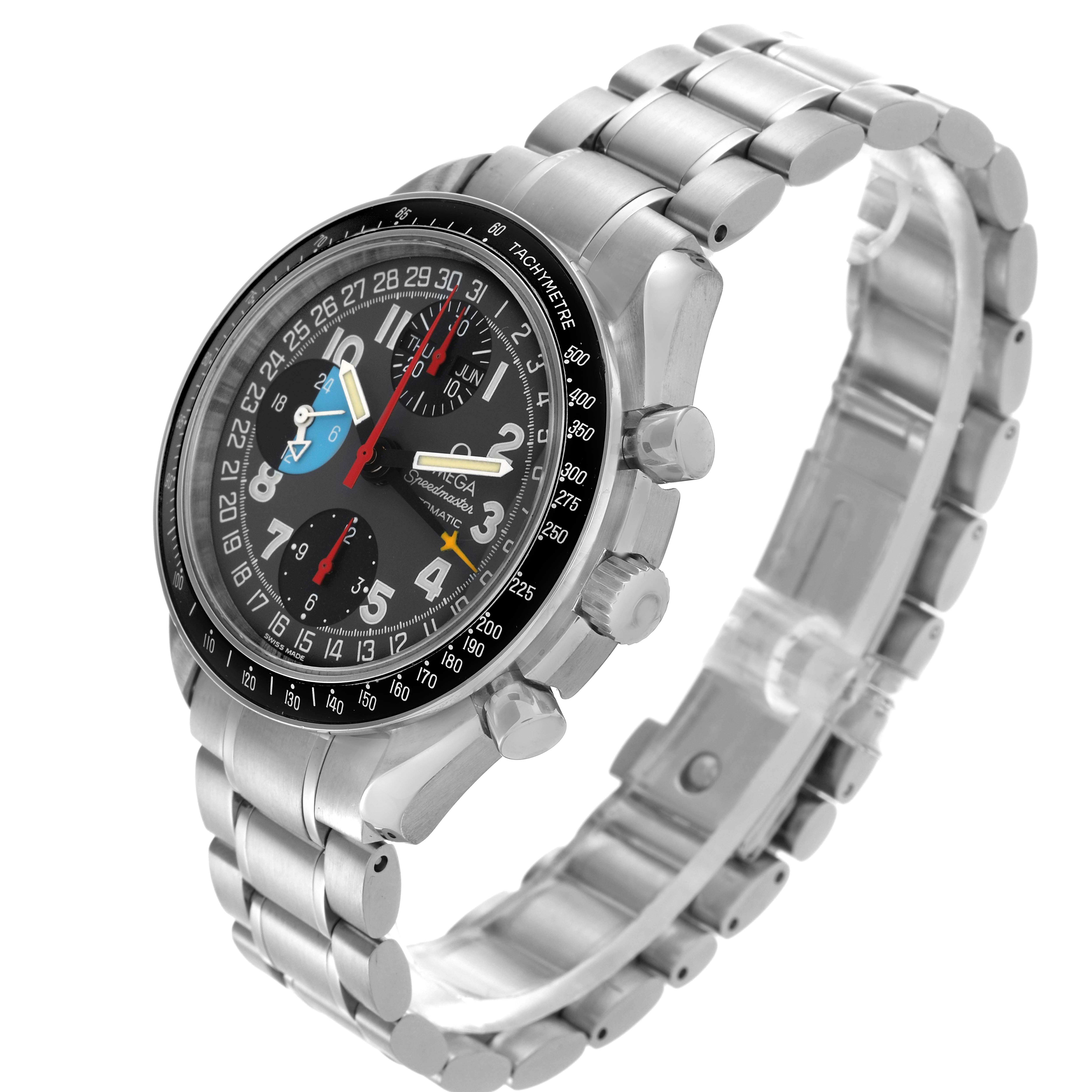 The Omega Speedmaster 3520.53.00 Men
s Stainless Steel Grey Dial 3520.53.00 Men
s Stainless Steel Grey Dial watch is shown from an angled side view, featuring its face, metal band, and pushers.