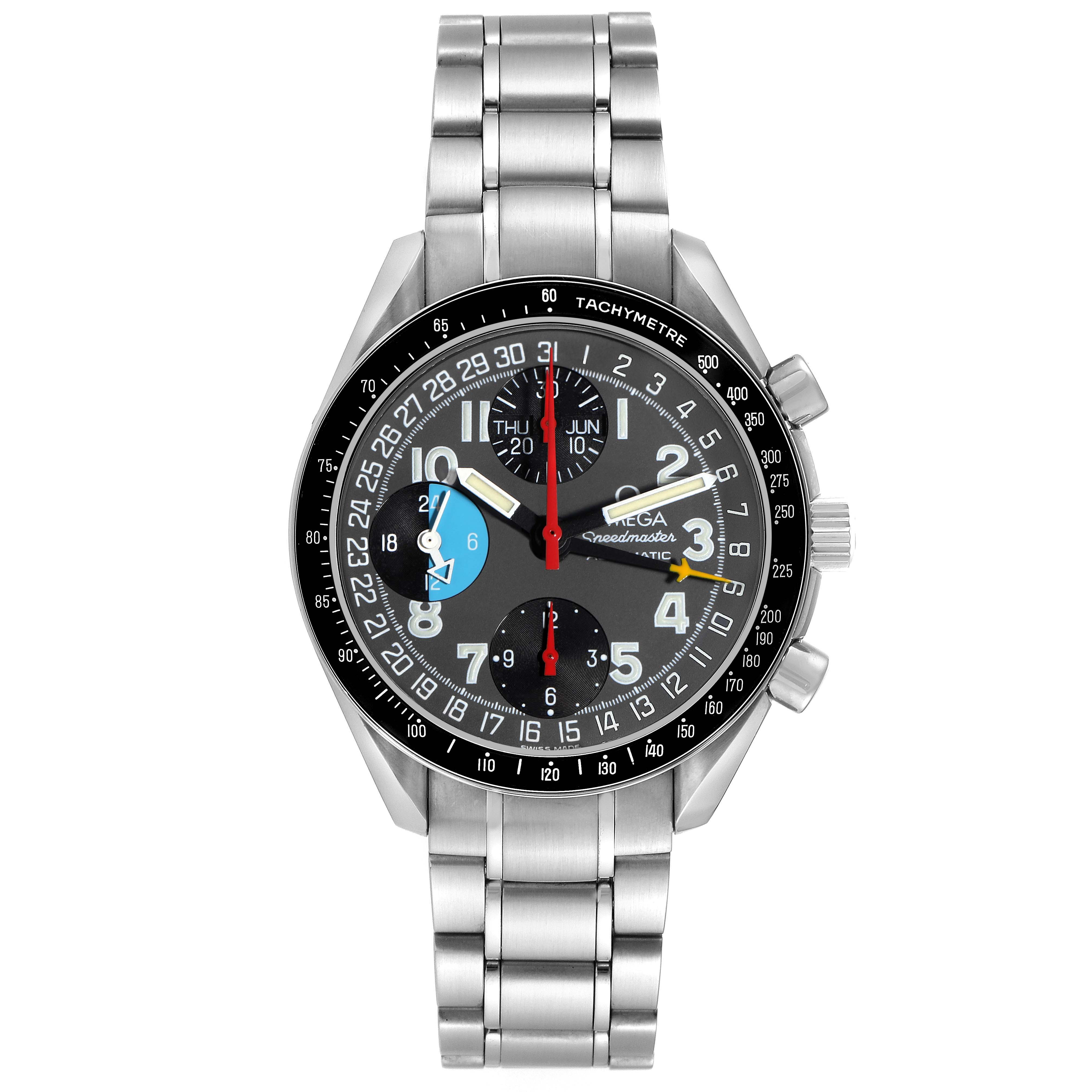 The Omega Speedmaster 3520.53.00 Men
s Stainless Steel Grey Dial 3520.53.00 Men
s Stainless Steel Grey Dial watch is shown from the front, displaying the dial, bezel, and metal bracelet.