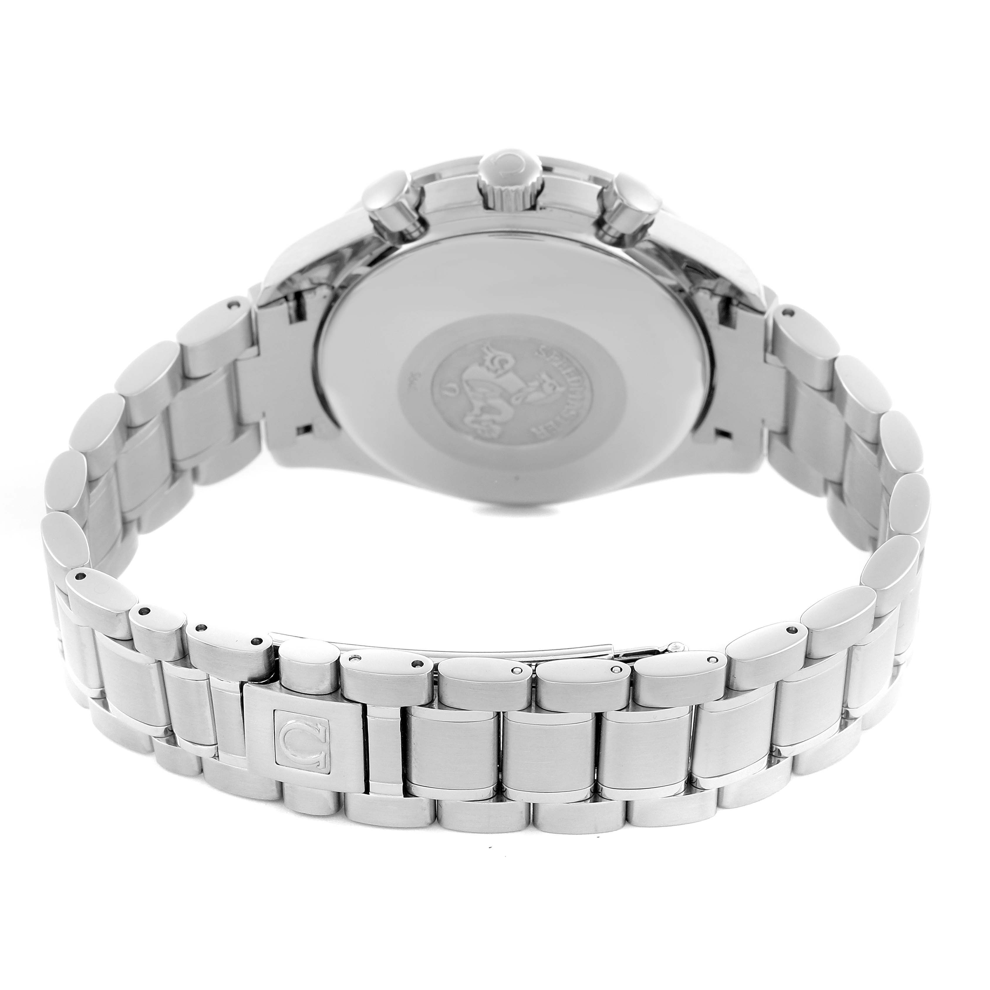 The image shows the backside and bracelet of an Omega Speedmaster 3520.53.00 Men
s Stainless Steel Grey Dial 3520.53.00 Men
s Stainless Steel Grey Dial, highlighting the clasp and case back.