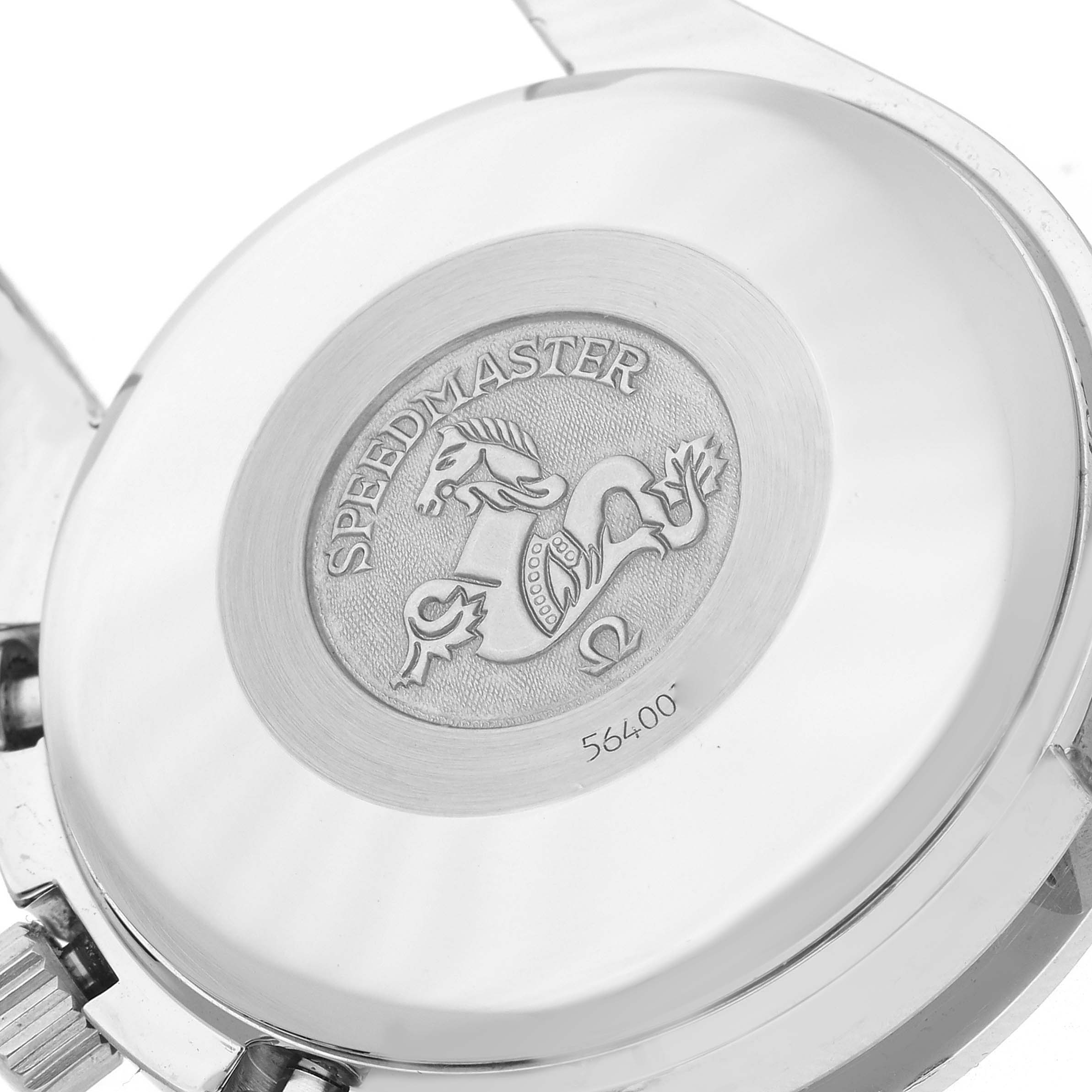 The back of the Omega Speedmaster 3520.53.00 Men
s Stainless Steel Grey Dial 3520.53.00 Men
s Stainless Steel Grey Dial watch is shown, highlighting the engraved emblem and "Speedmaster" text.