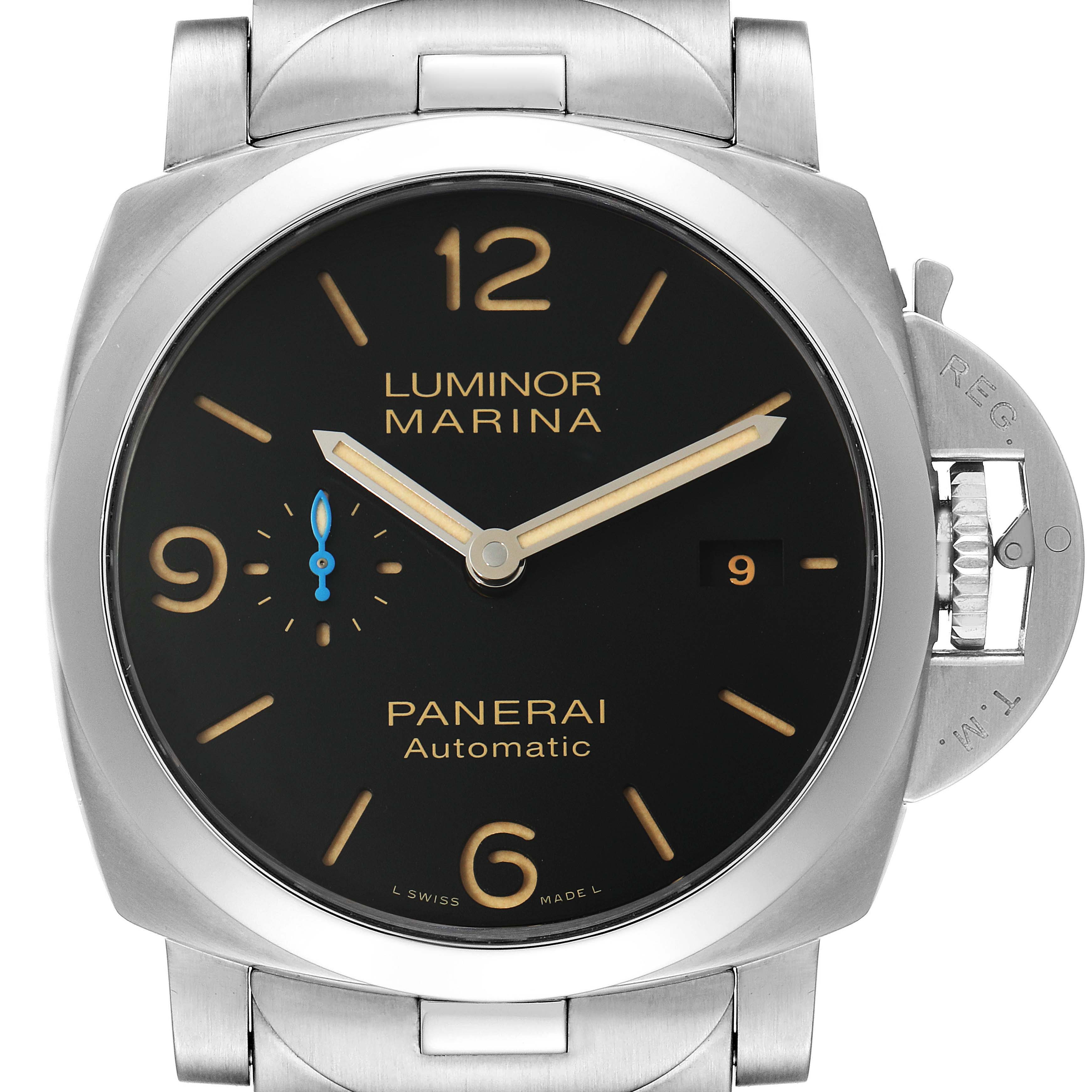 The image shows a Panerai Luminor PAM00723 Men
s Stainless Steel Black Dial PAM00723 Men
s Stainless Steel Black Dial Marina watch front-on, displaying the dial, hands, and crown with its protective lever.