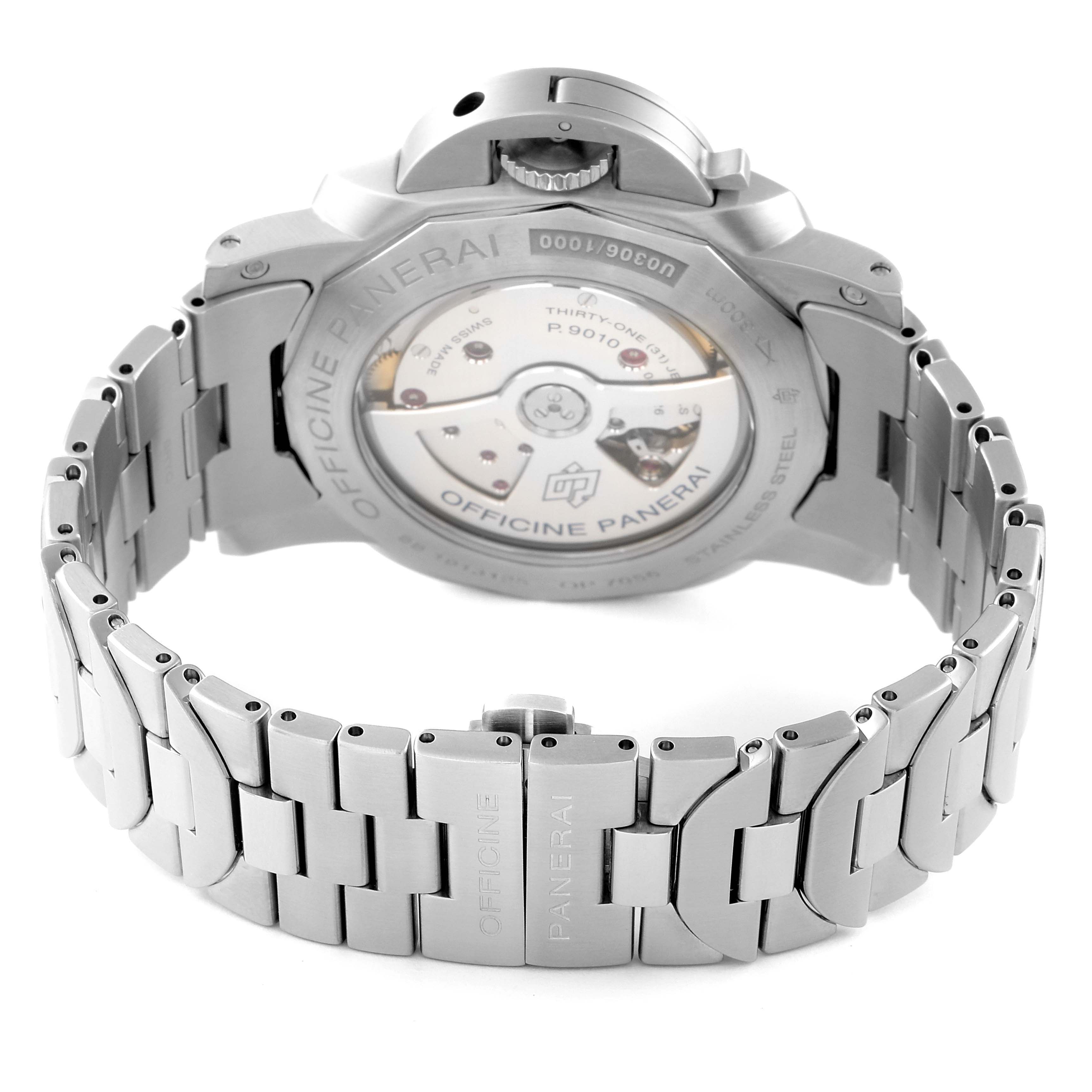 The image shows the back view of a Panerai Luminor PAM00723 Men
s Stainless Steel Black Dial PAM00723 Men
s Stainless Steel Black Dial watch, highlighting its transparent case back and metal bracelet.