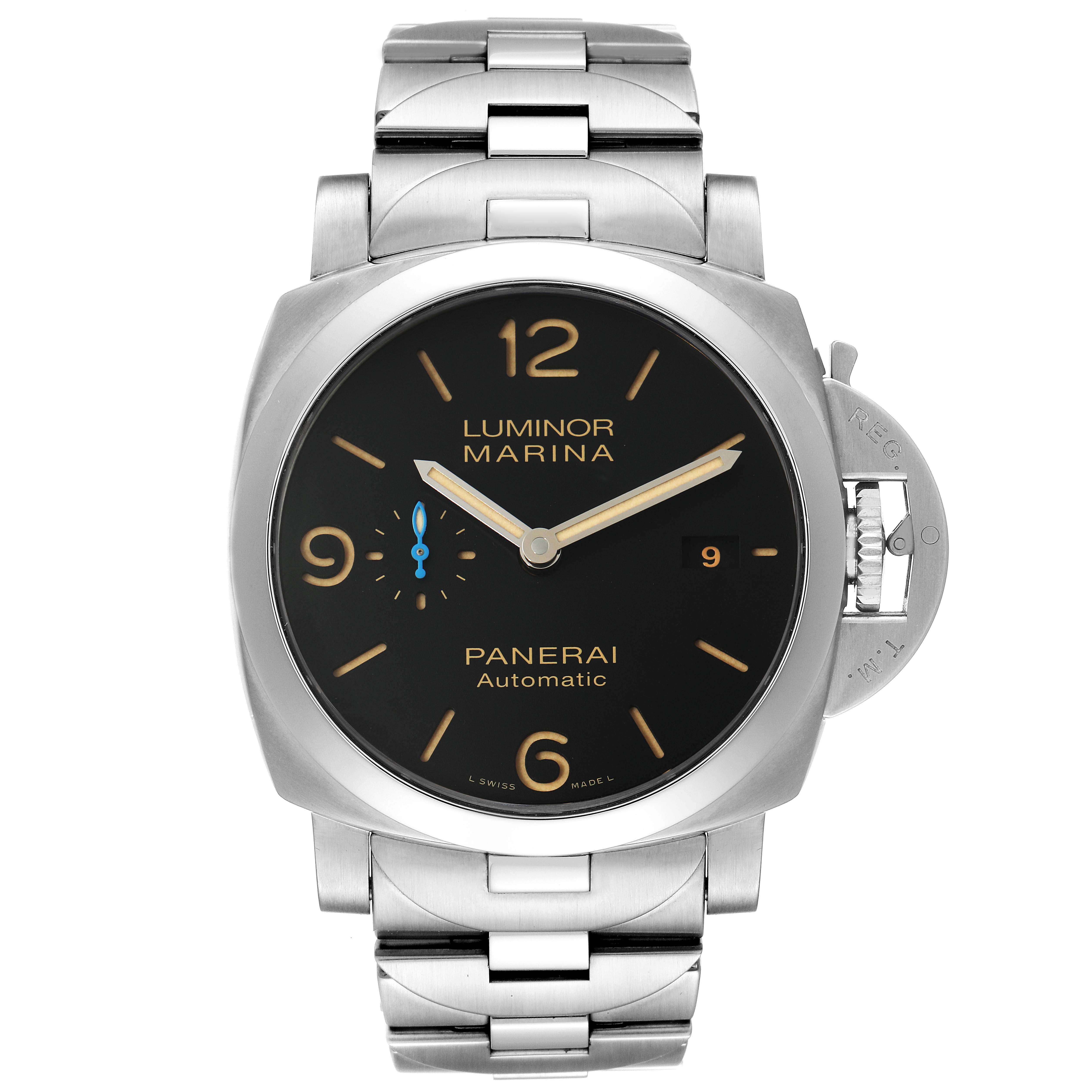 This image shows a front view of a Panerai Luminor PAM00723 Men
s Stainless Steel Black Dial PAM00723 Men
s Stainless Steel Black Dial Marina watch, highlighting its black dial, metal bracelet, and distinctive crown guard.