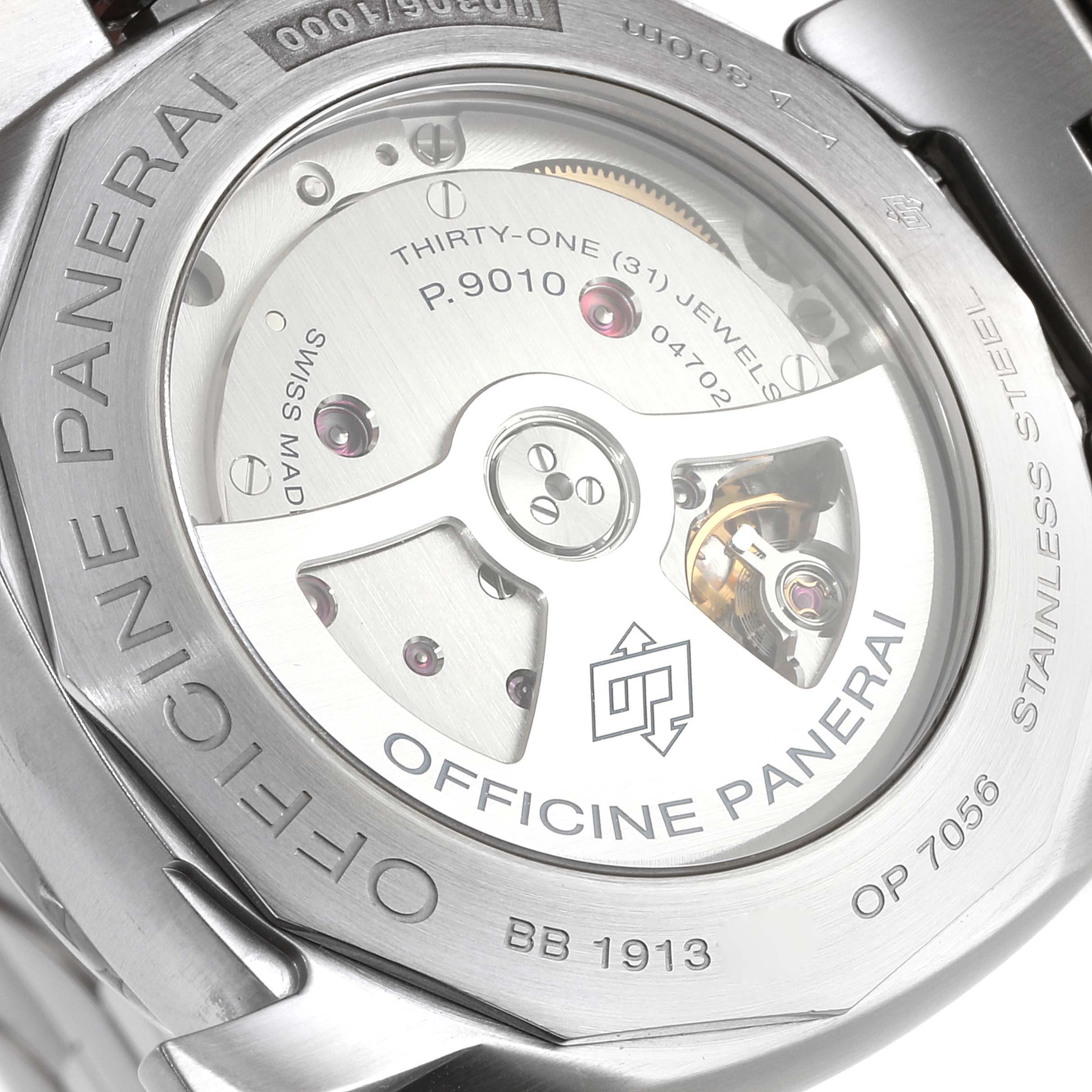 The image shows a close-up view of the back of the Panerai Luminor PAM00723 Men
s Stainless Steel Black Dial PAM00723 Men
s Stainless Steel Black Dial watch, revealing the P.9010 movement mechanism.