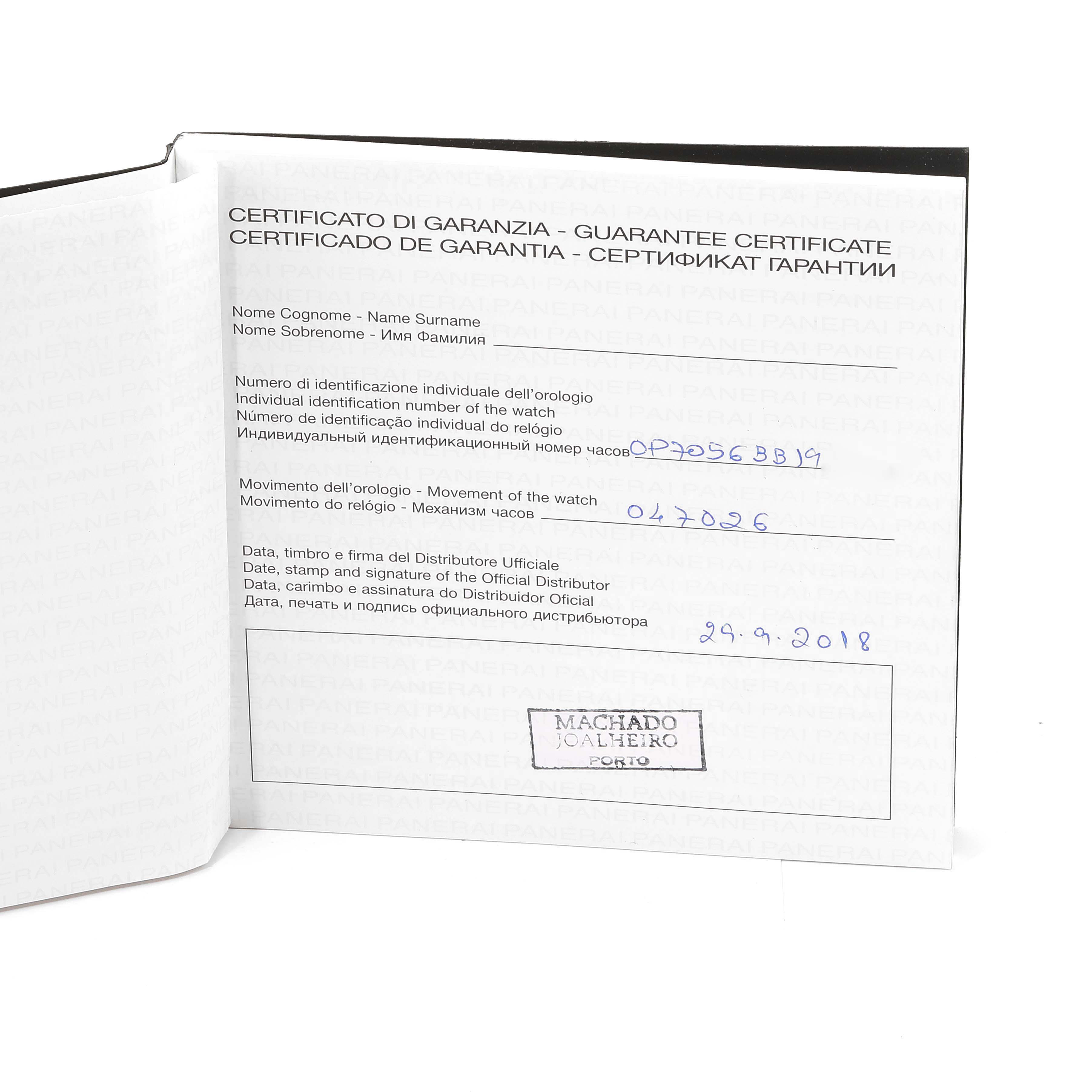 The image shows a guarantee certificate for the Panerai Luminor PAM00723 Men
s Stainless Steel Black Dial PAM00723 Men
s Stainless Steel Black Dial model, with handwritten details and a stamped signature.