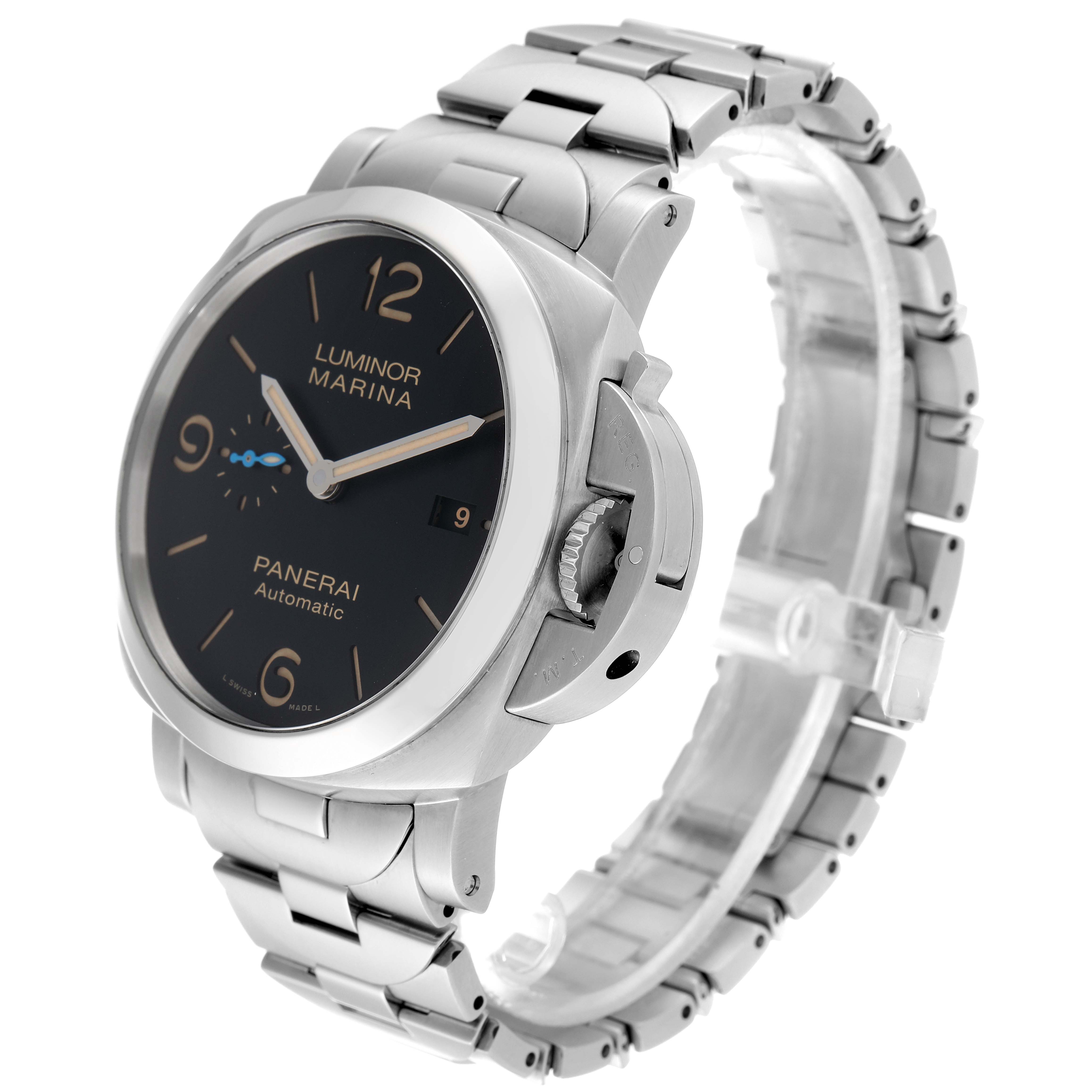 The image shows a front-side angle of the Panerai Luminor PAM00723 Men
s Stainless Steel Black Dial PAM00723 Men
s Stainless Steel Black Dial watch, highlighting the face, bezel, and metal bracelet.