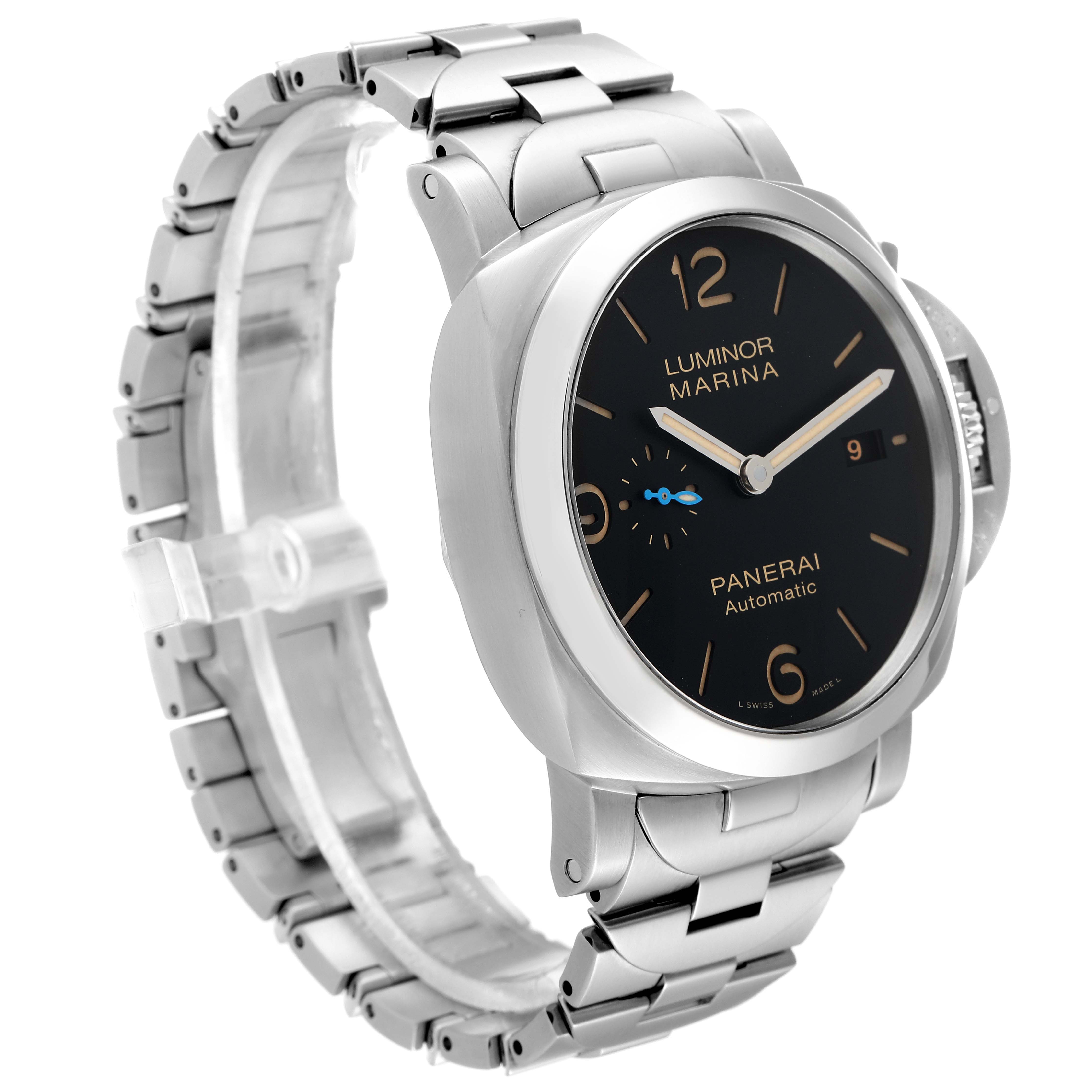 The image shows a side-angle view of a Panerai Luminor PAM00723 Men
s Stainless Steel Black Dial PAM00723 Men
s Stainless Steel Black Dial Marina Automatic watch, highlighting the watch face and stainless steel bracelet.