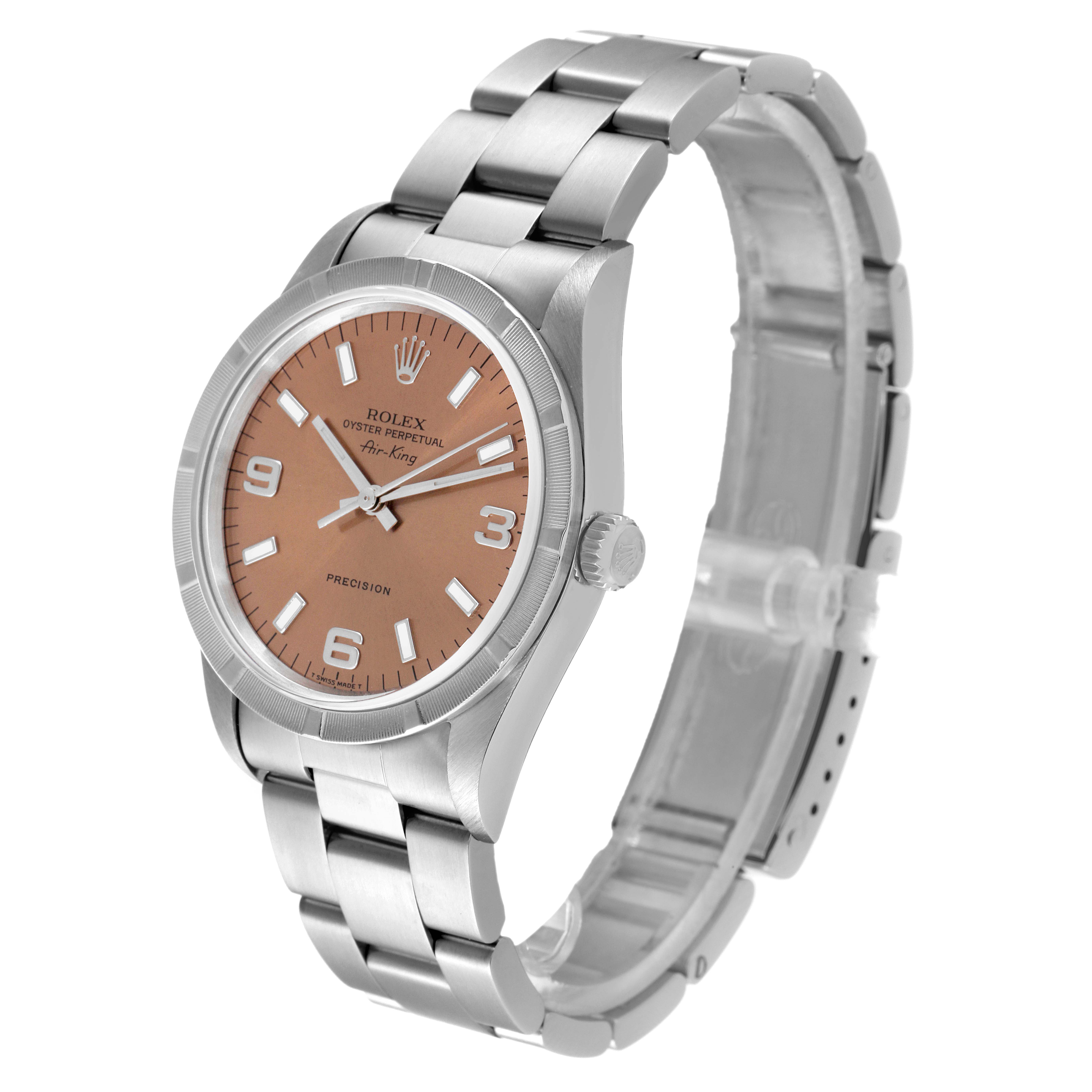 The image shows a Rolex Air-King 14010 Men's Stainless Steel Pink Dial 14010 Men's Stainless Steel Pink Dial watch at a slight angle, highlighting its face, dial, bezel, and bracelet.