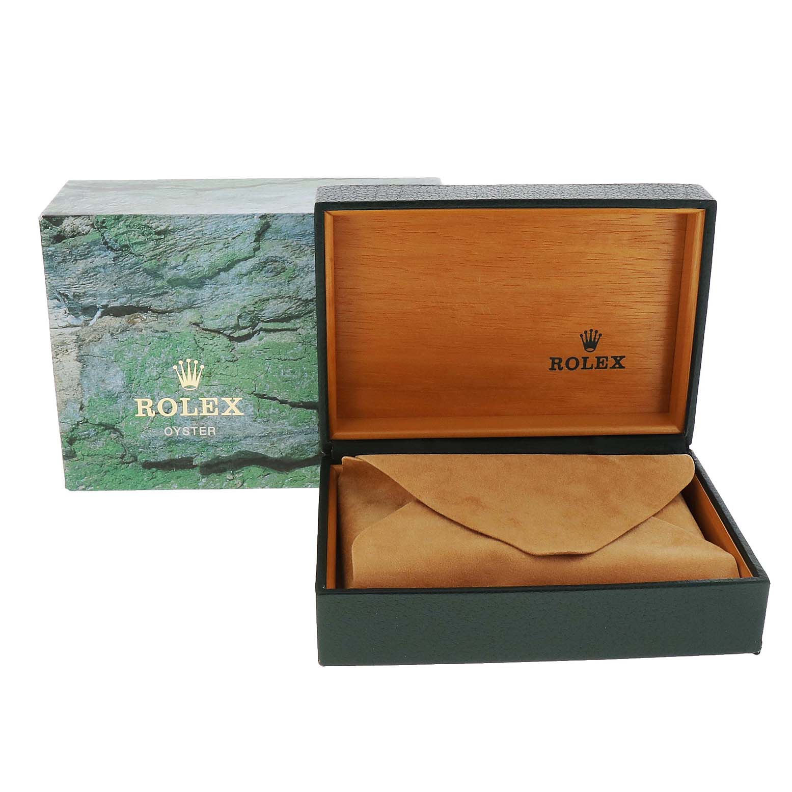 This image shows a Rolex Air-King 14010 Men's Stainless Steel Pink Dial 14010 Men's Stainless Steel Pink Dial watch box and outer packaging from a front angle.