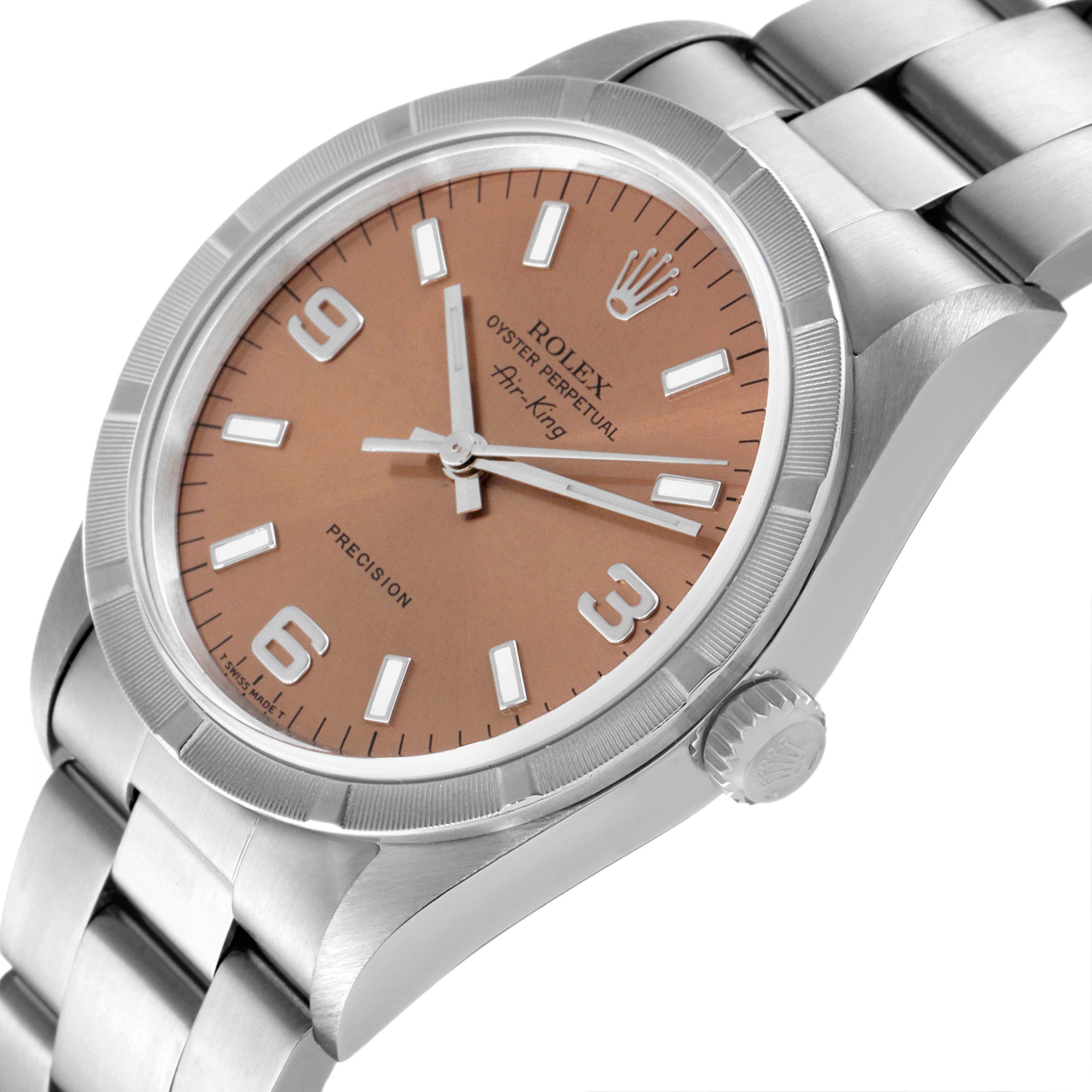 This image shows a side angle view of the Rolex Air-King 14010 Men's Stainless Steel Pink Dial 14010 Men's Stainless Steel Pink Dial watch, highlighting its face, bezel, crown, and part of the bracelet.