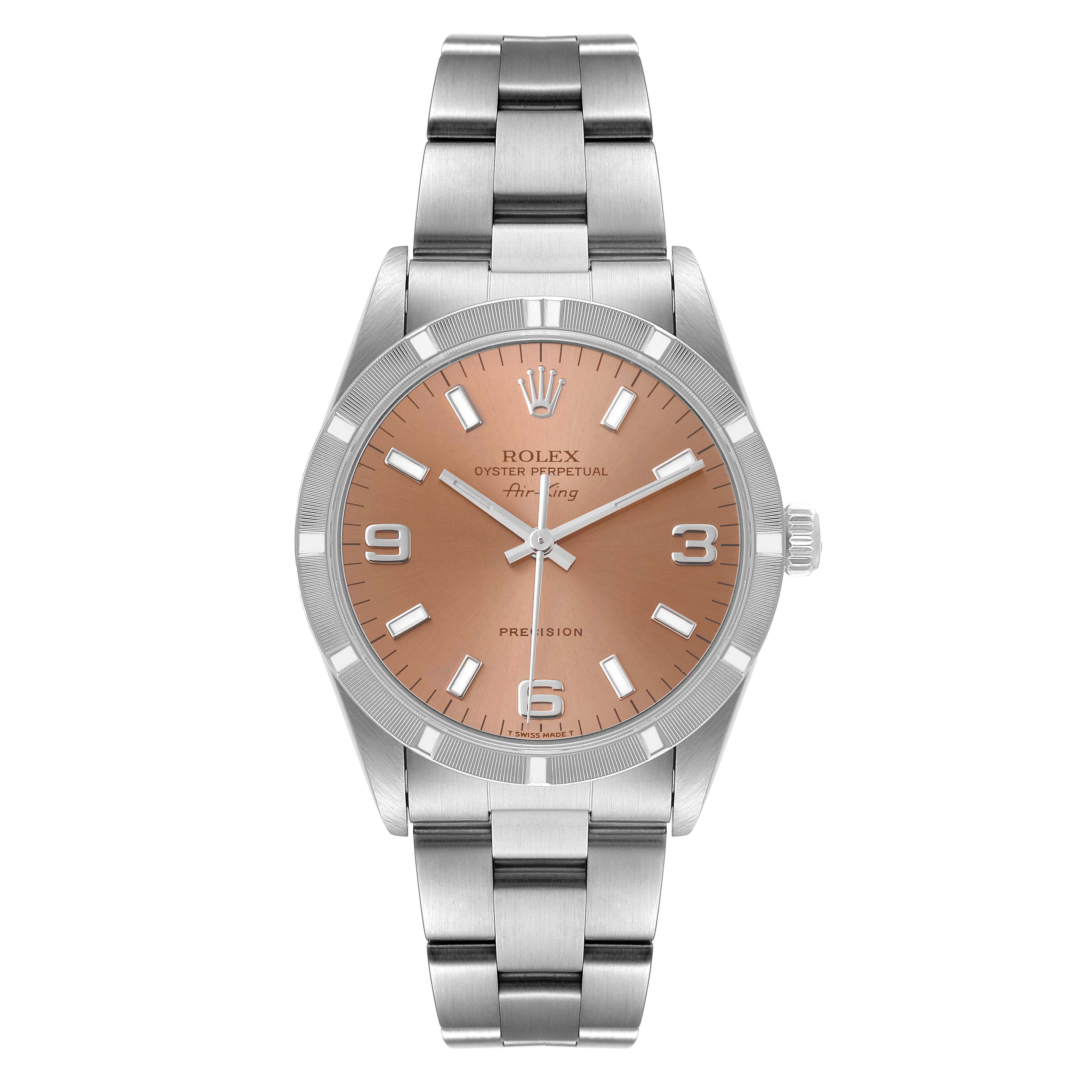 The Rolex Air-King 14010 Men's Stainless Steel Pink Dial 14010 Men's Stainless Steel Pink Dial watch is shown from a front angle, displaying the face, bezel, and bracelet.