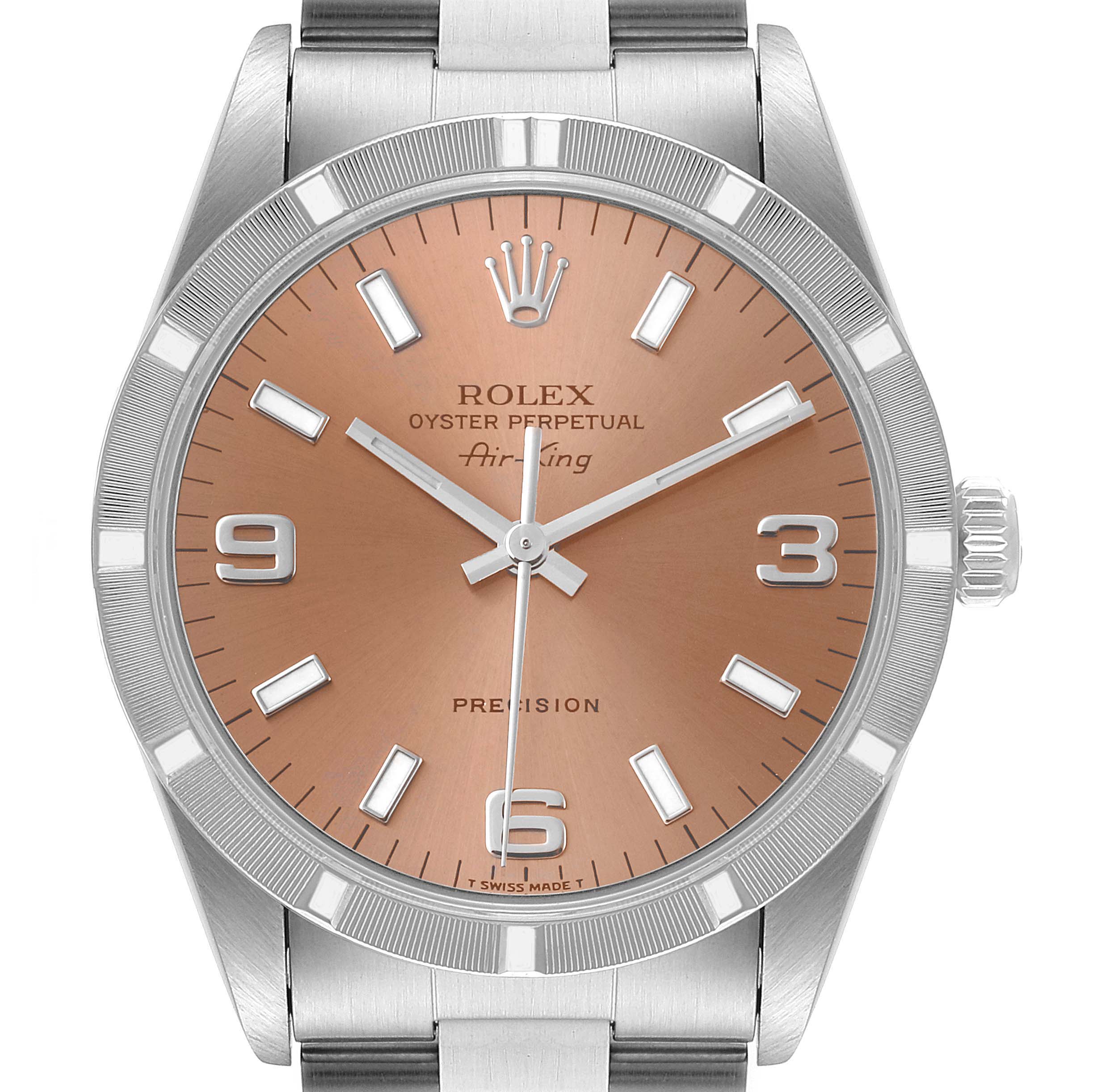 The image shows a front view of a Rolex Air-King 14010 Men's Stainless Steel Pink Dial 14010 Men's Stainless Steel Pink Dial watch featuring a brown dial and silver hour markers.
