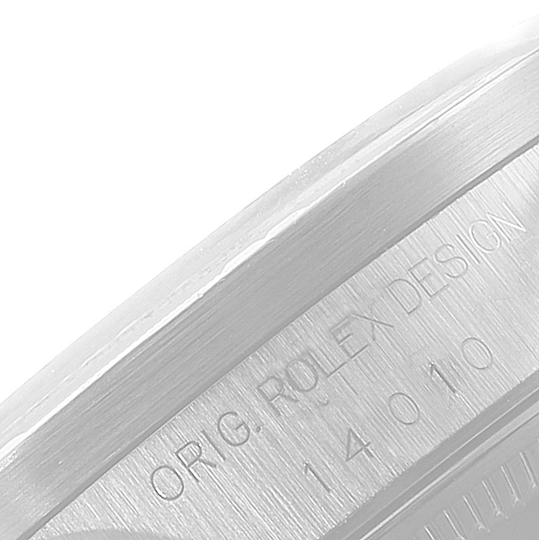 This close-up image shows the engraved case back rim of the Rolex Air-King 14010 Men's Stainless Steel Pink Dial 14010 Men's Stainless Steel Pink Dial watch.