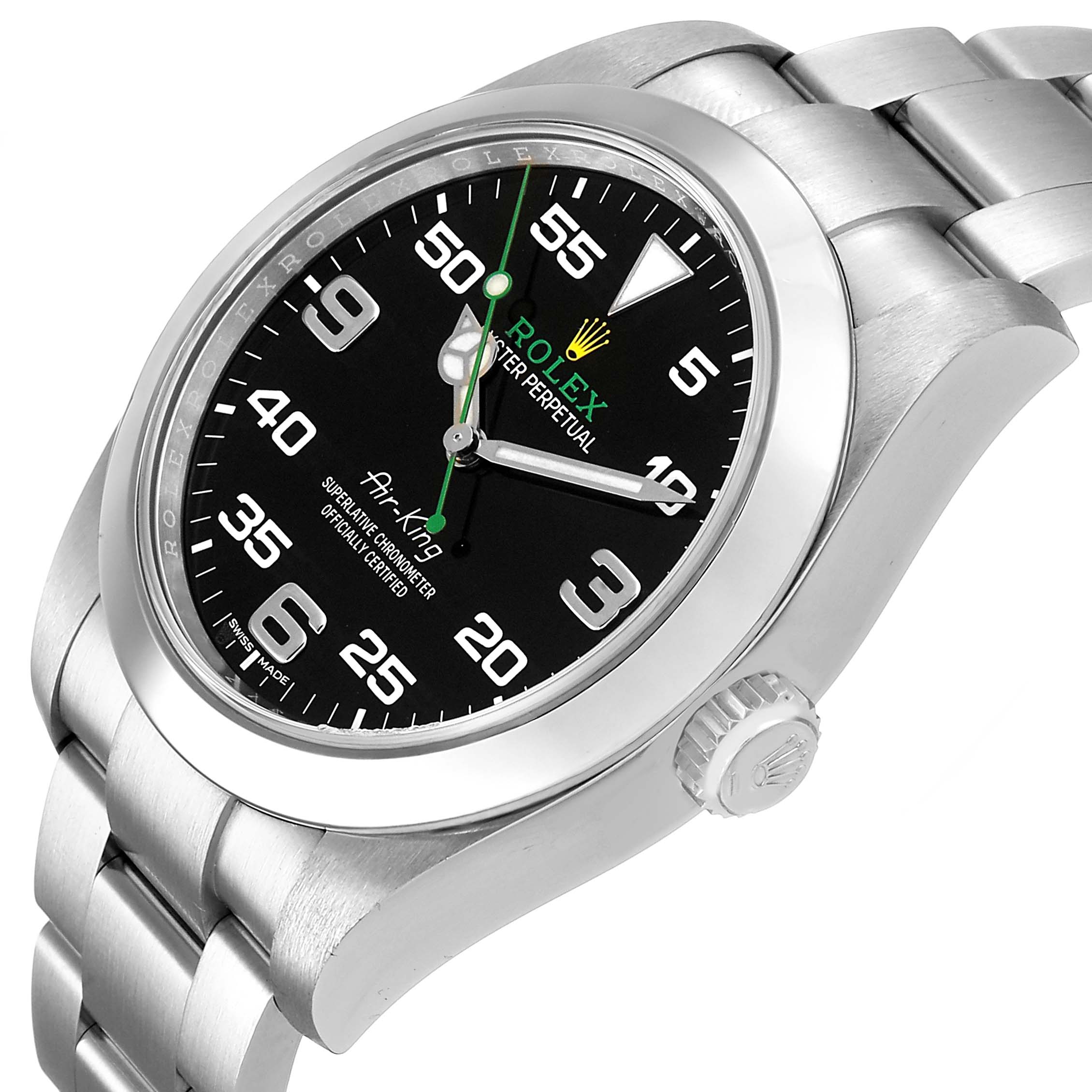 The Rolex Air-King 116900 Men's Stainless Steel Black Dial watch is shown at a front-side angle, highlighting its dial, bezel, and part of the bracelet.