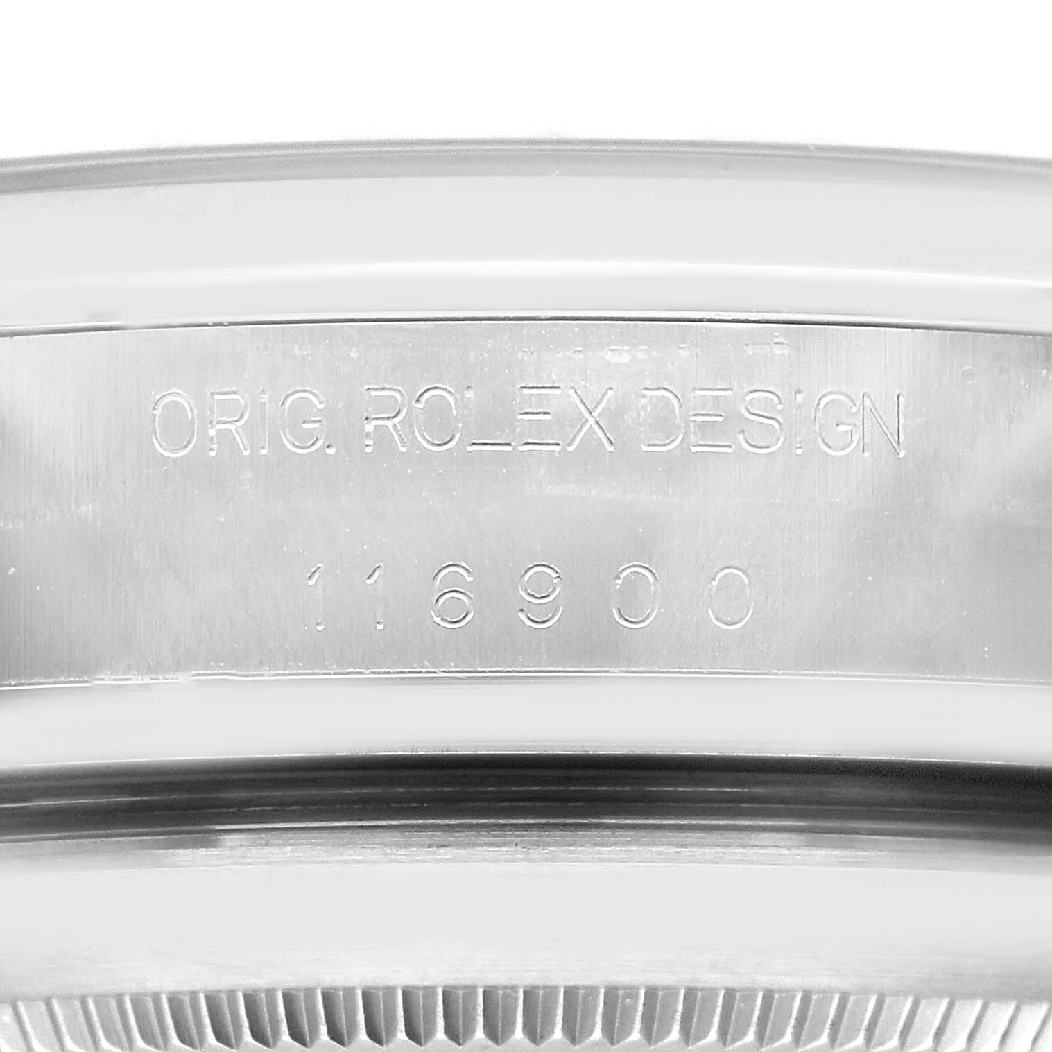The image shows the side engraving on the case of a Rolex Air-King 116900 Men's Stainless Steel Black Dial, displaying "ORIG. ROLEX DESIGN" and the model number "116900".