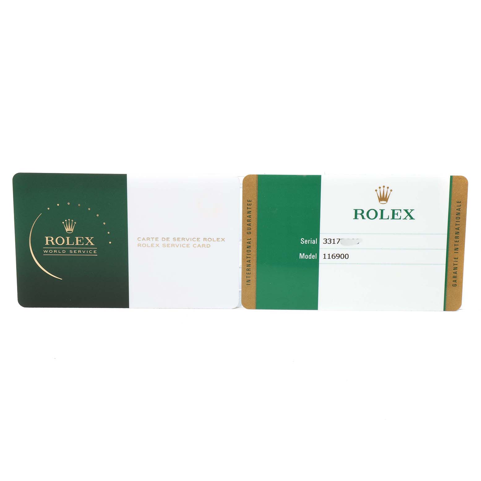 The image shows the Rolex service card for the Air-King model, displayed flat with serial and model numbers visible.