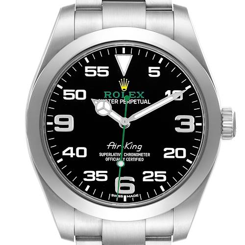 The Rolex Air-King 116900 Men's Stainless Steel Black Dial watch is shown from a front angle, displaying the full face, dial, hands, and a portion of the bracelet.