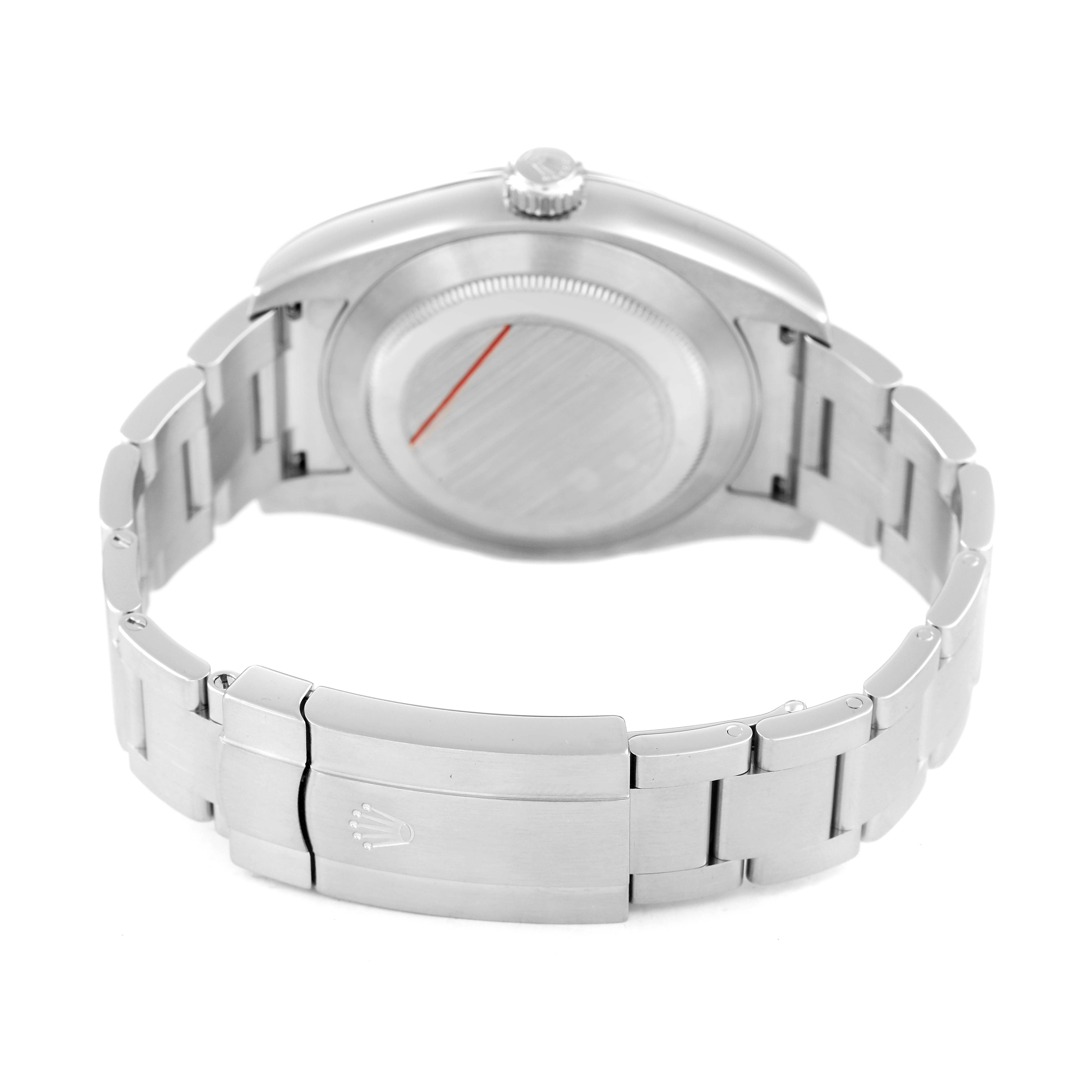 The image shows the back and bracelet clasp of a Rolex Air-King 116900 Men's Stainless Steel Black Dial watch, viewed from a slightly elevated angle.