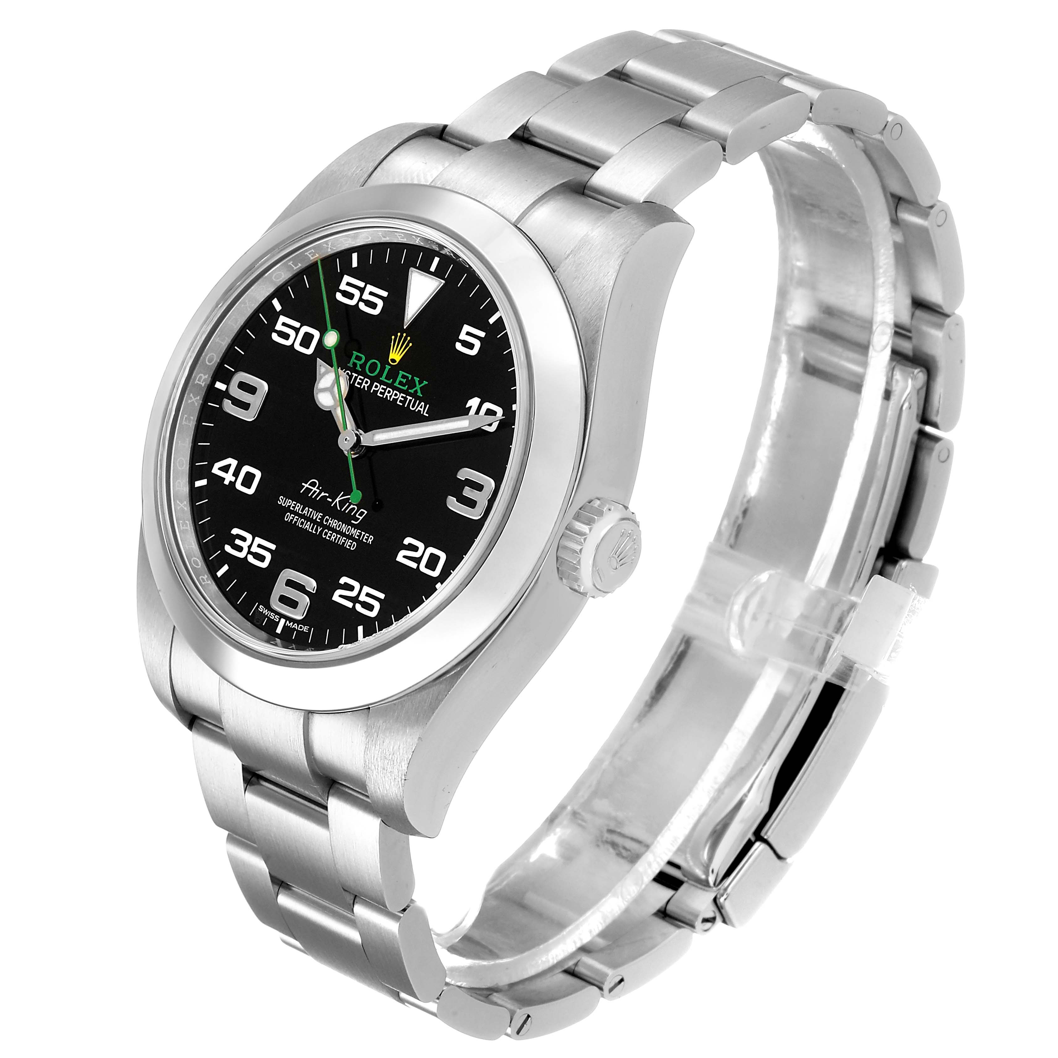 The image shows a side angle of the Rolex Air-King 116900 Men's Stainless Steel Black Dial, highlighting the face, crown, and bracelet.