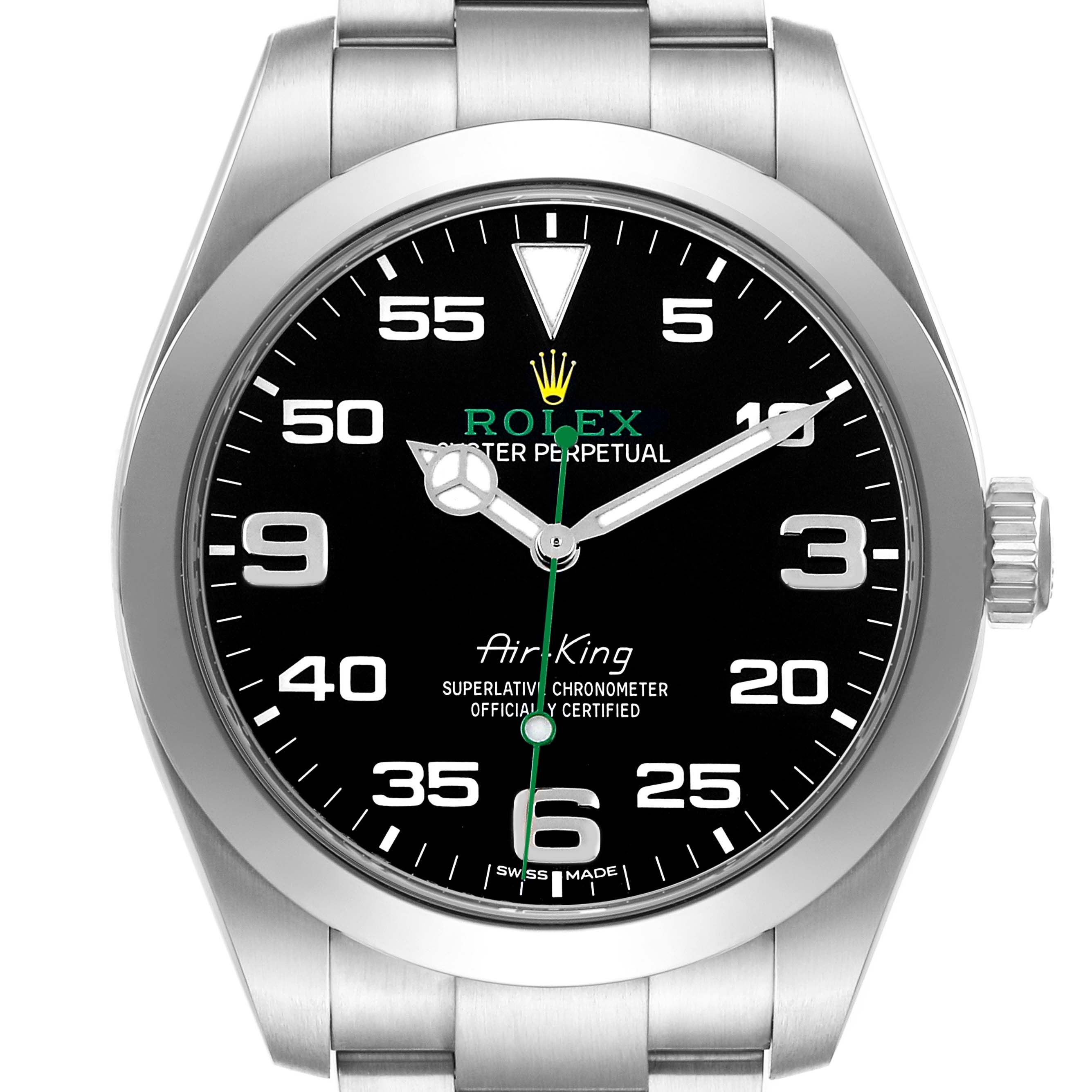 The image shows a Rolex Air-King 116900 Men's Stainless Steel Black Dial watch face and crown from a front view, highlighting its dial and bracelet.