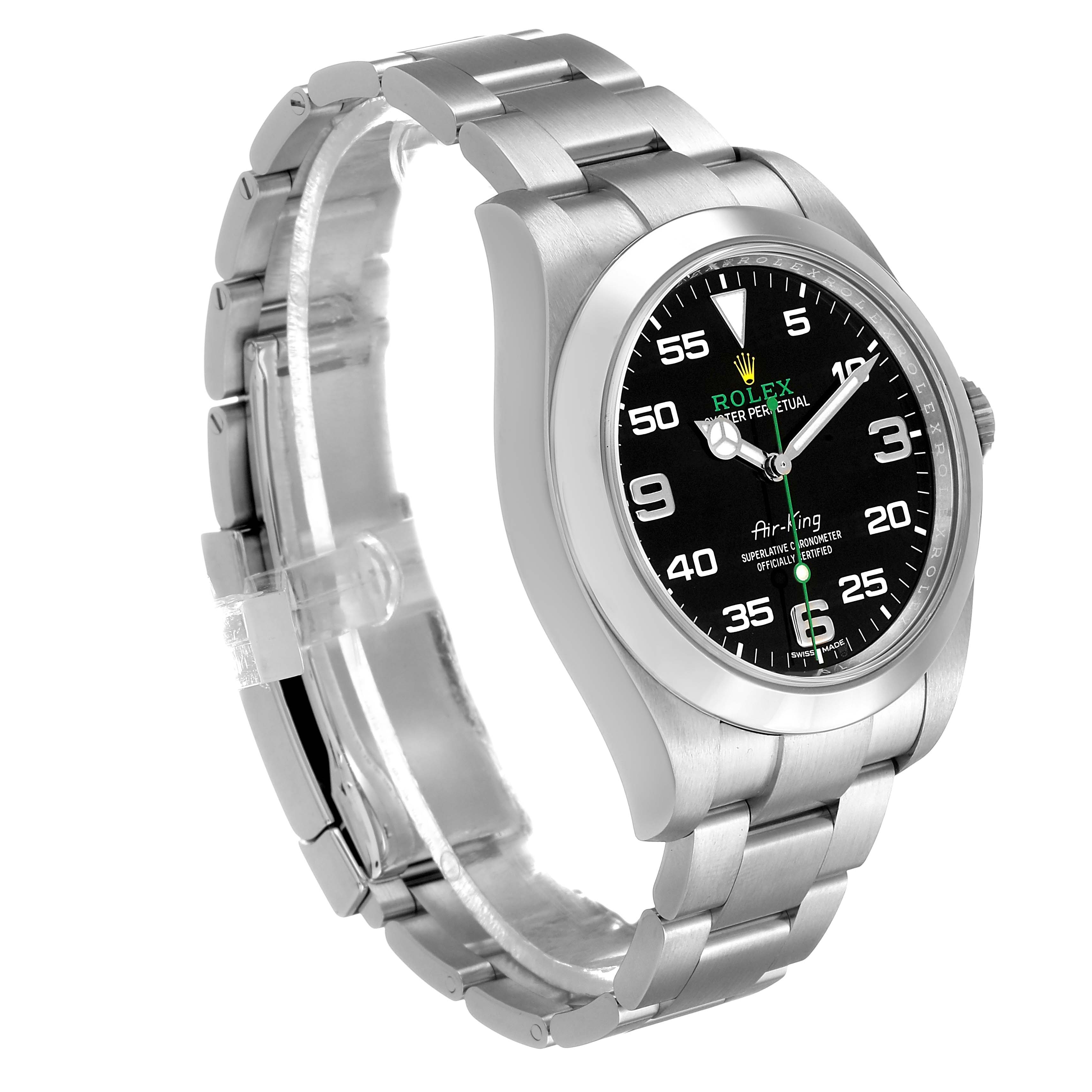 The Rolex Air-King 116900 Men's Stainless Steel Black Dial watch is shown at a slight angle, displaying the face, bezel, and part of the metal bracelet.