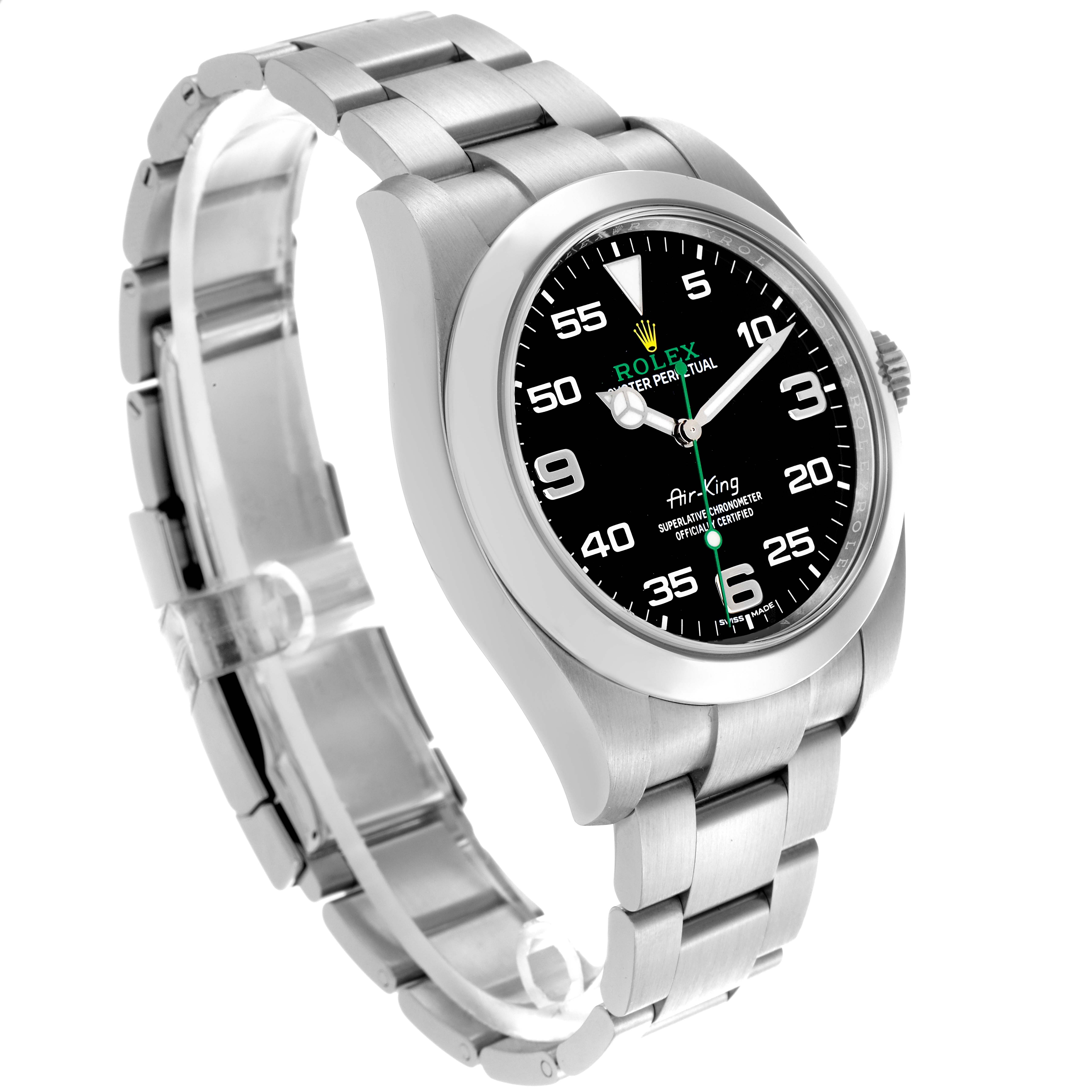 The Rolex Air-King 116900 Men's Stainless Steel Black Dial 116900 Men's Stainless Steel Black Dial watch is shown at a three-quarter angle, highlighting the case, dial, bezel, and bracelet.