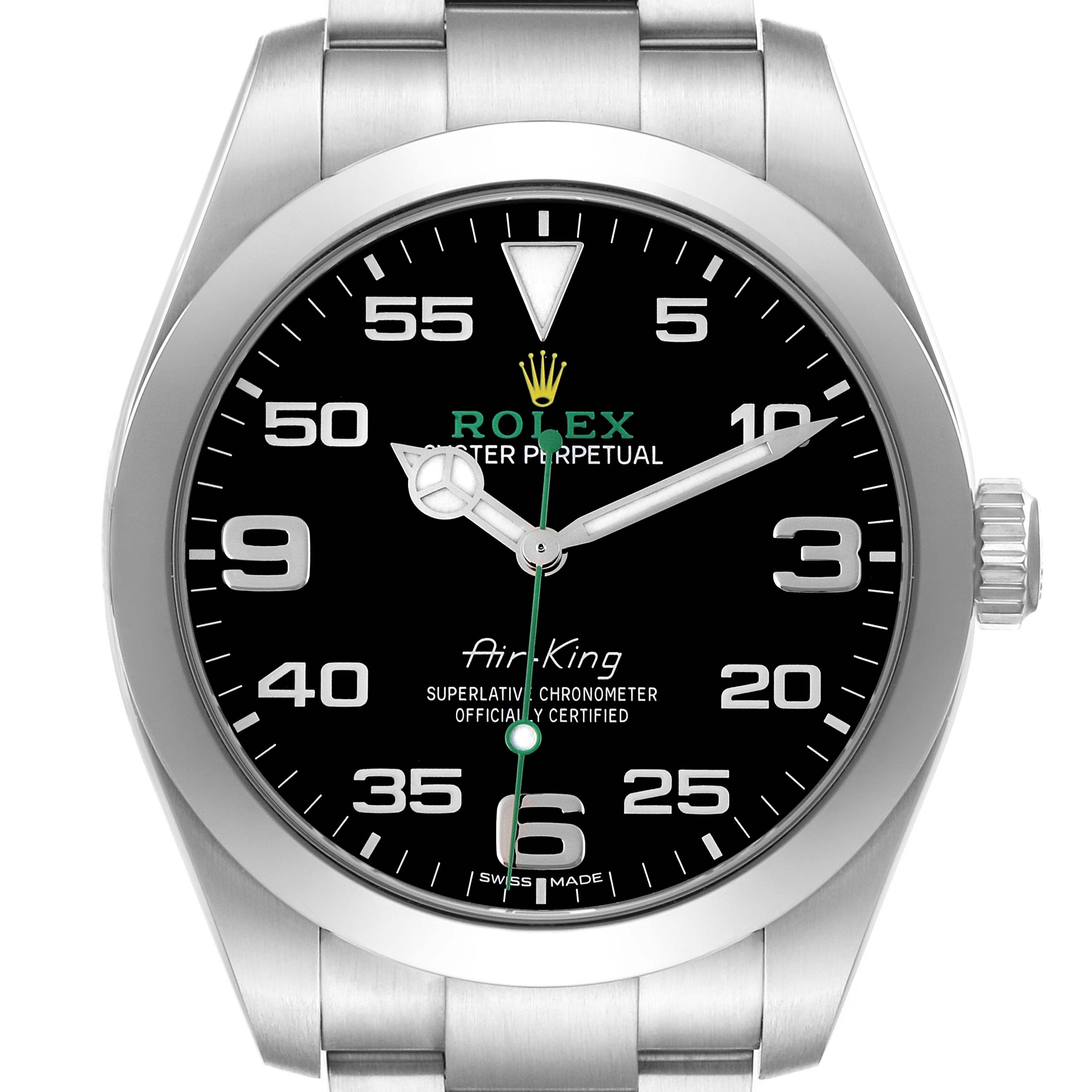 The Rolex Air-King 116900 Men's Stainless Steel Black Dial 116900 Men's Stainless Steel Black Dial watch is shown from a front angle, highlighting the dial, bezel, and part of the bracelet.