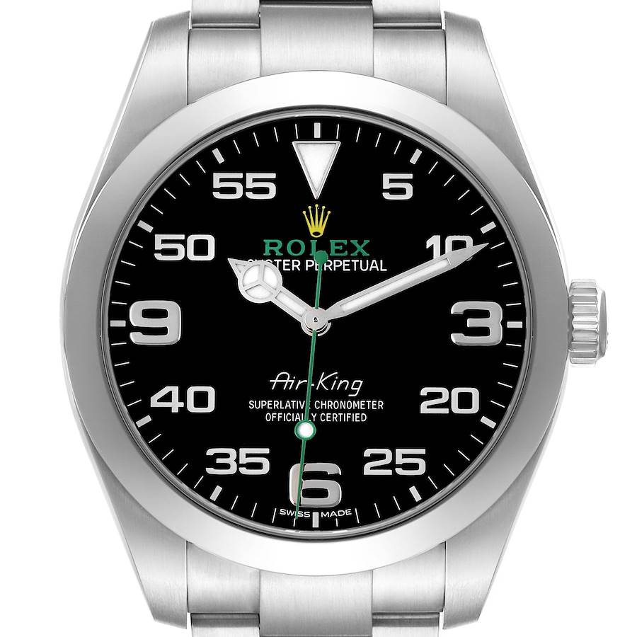 The Rolex Air-King watch is shown from a front angle, highlighting the dial, bezel, and part of the bracelet.